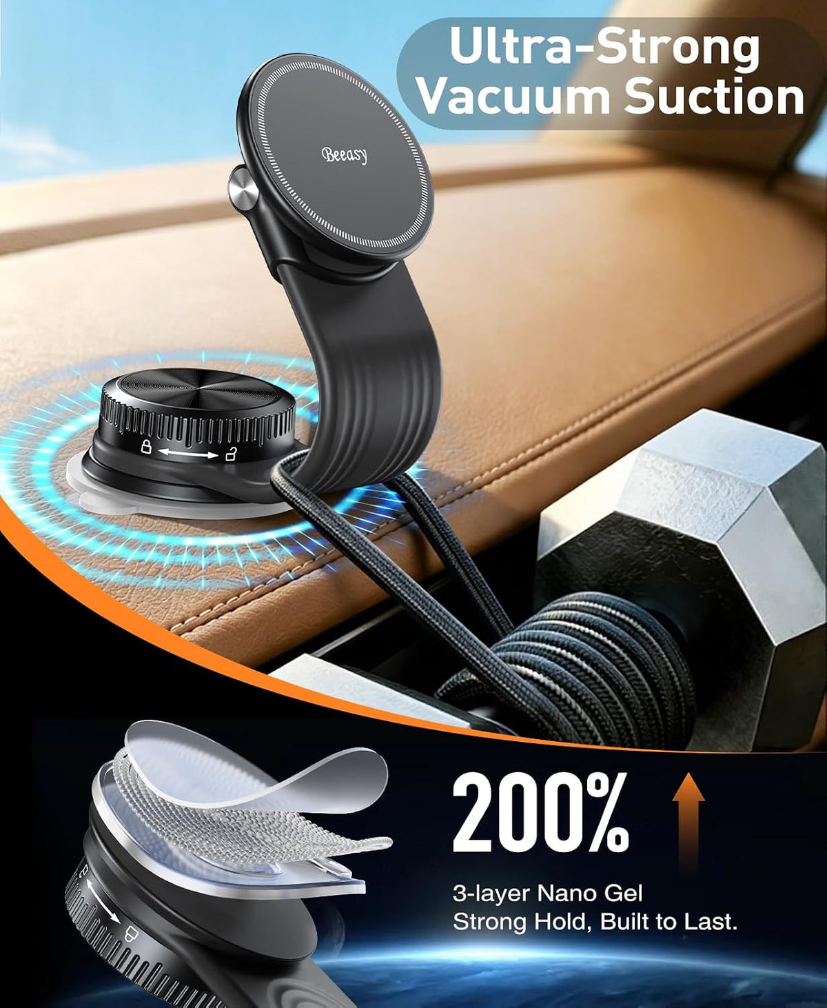 Beeasy for MagSafe Car Mount, 360 Adjustable Bendable Memory Alloy Arm, Magnetic Phone Holder with Vacuum Suction Cup, Dashboard Phone Mount for Tesla, iPhone, Samsung & All Smartphones