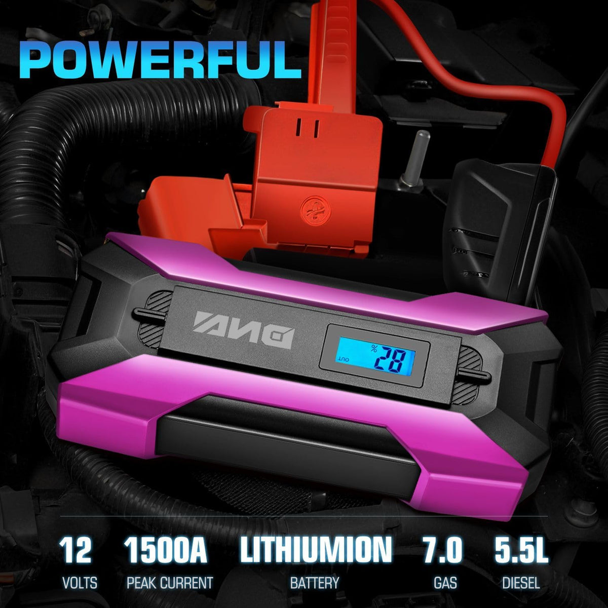 ‎DNA Motoring TOOLS-00268 12V 1500A 15000 mAh Multi-Function Portable Car Battery Jump Starter for Up to 7.0L Gas & 5.5L Diesel Engine, with Carry Case, Purple