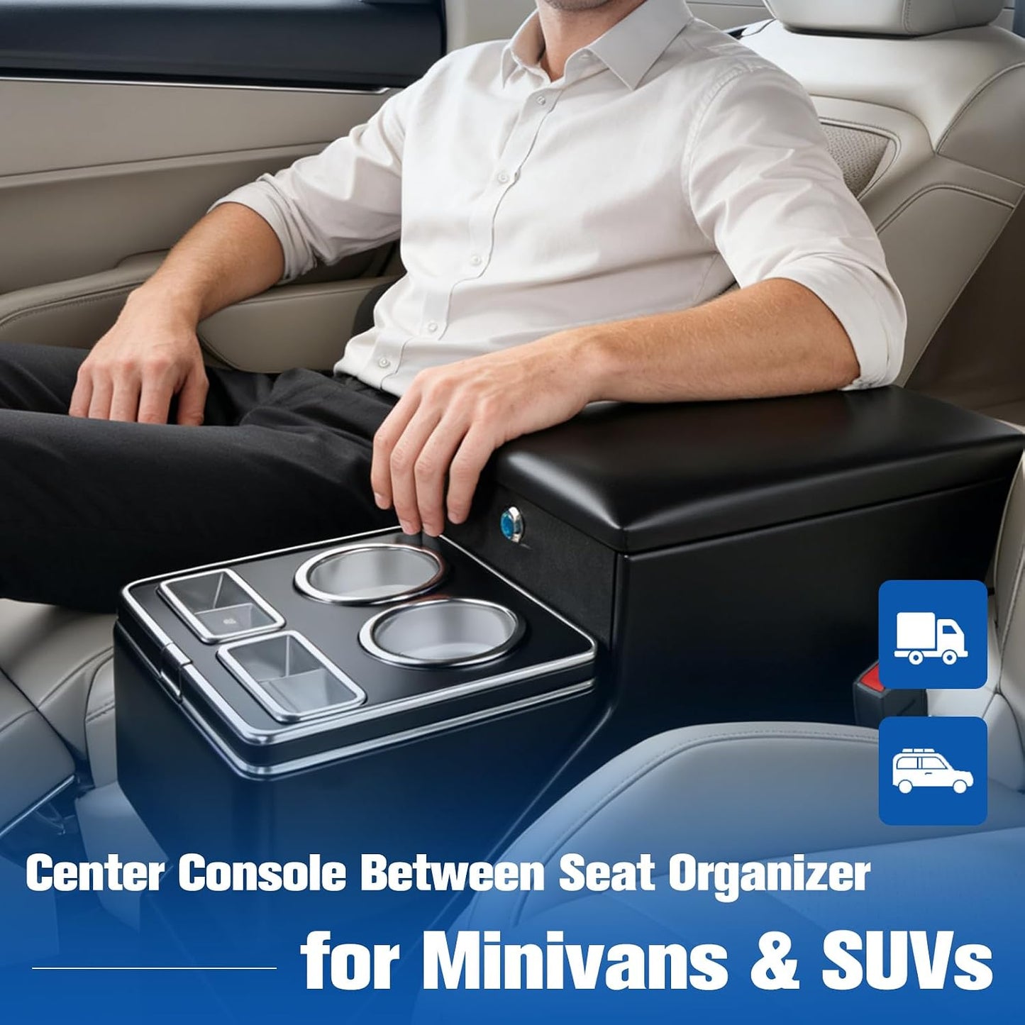 Center Console Organizer for Minivans, SUVs &amp; Middle Van Seats - Floor-Mounted Lockable Storage Box with Dual Cup Holders, Ideal for Vehicle Interior
