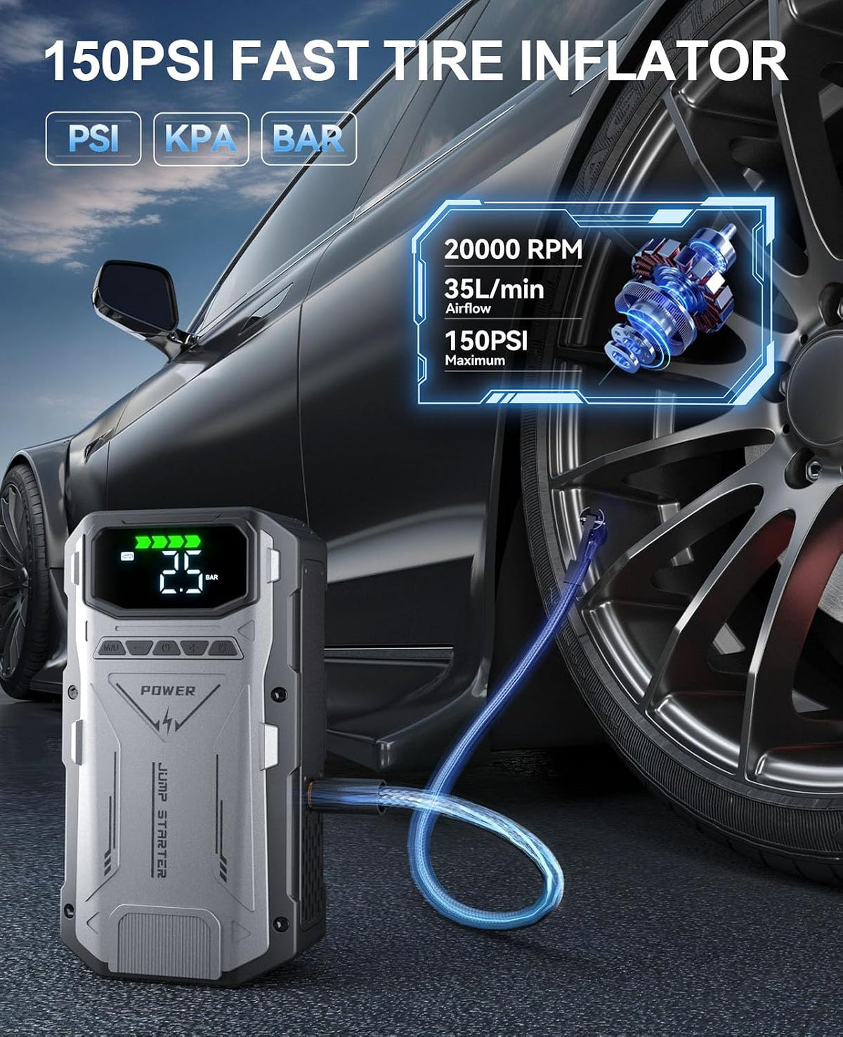Jump Starter with Air Compressor, 4000A Portable Car Battery Charger Jump Box, 150PSI Tire Inflator and Battery Jumper Pack for 12V Vehicle, Jumper Starter Power Booster, Roadside Emergency Kit