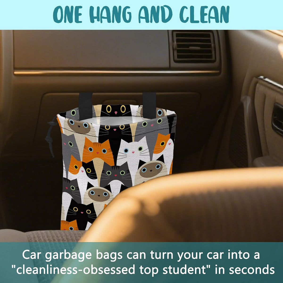 Car Trash Bag Cute Cartoon Cats Leak-Proof Waterproof Car Garbage Bag with Drawstring Foldable Canvas Trash Bin with Adjustable Buckle for Car Accessories, Travelling, Camping