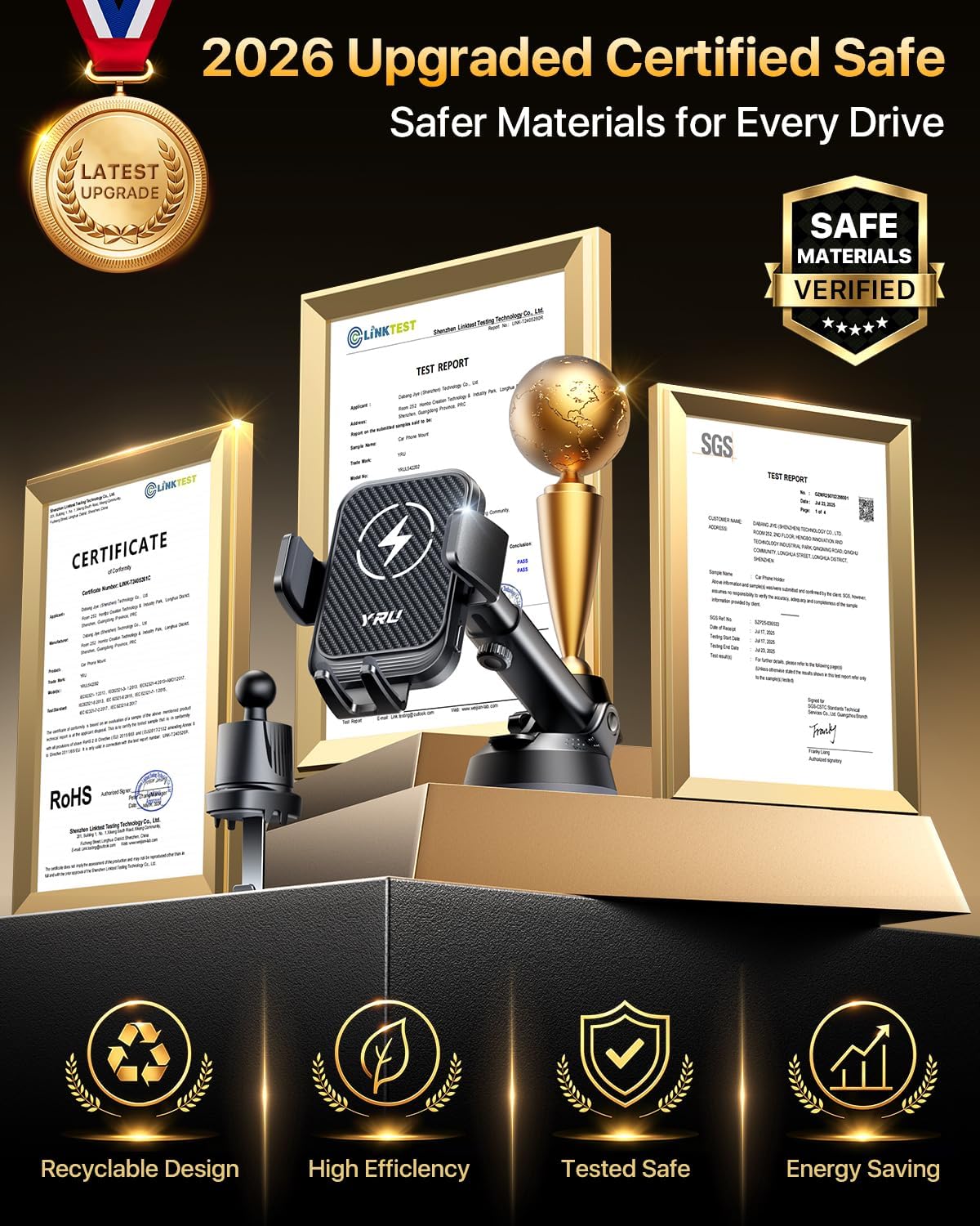 YRU 【Auto-Clamping & 90+LBS Strong Suction 15W Wireless Car Charger Mount