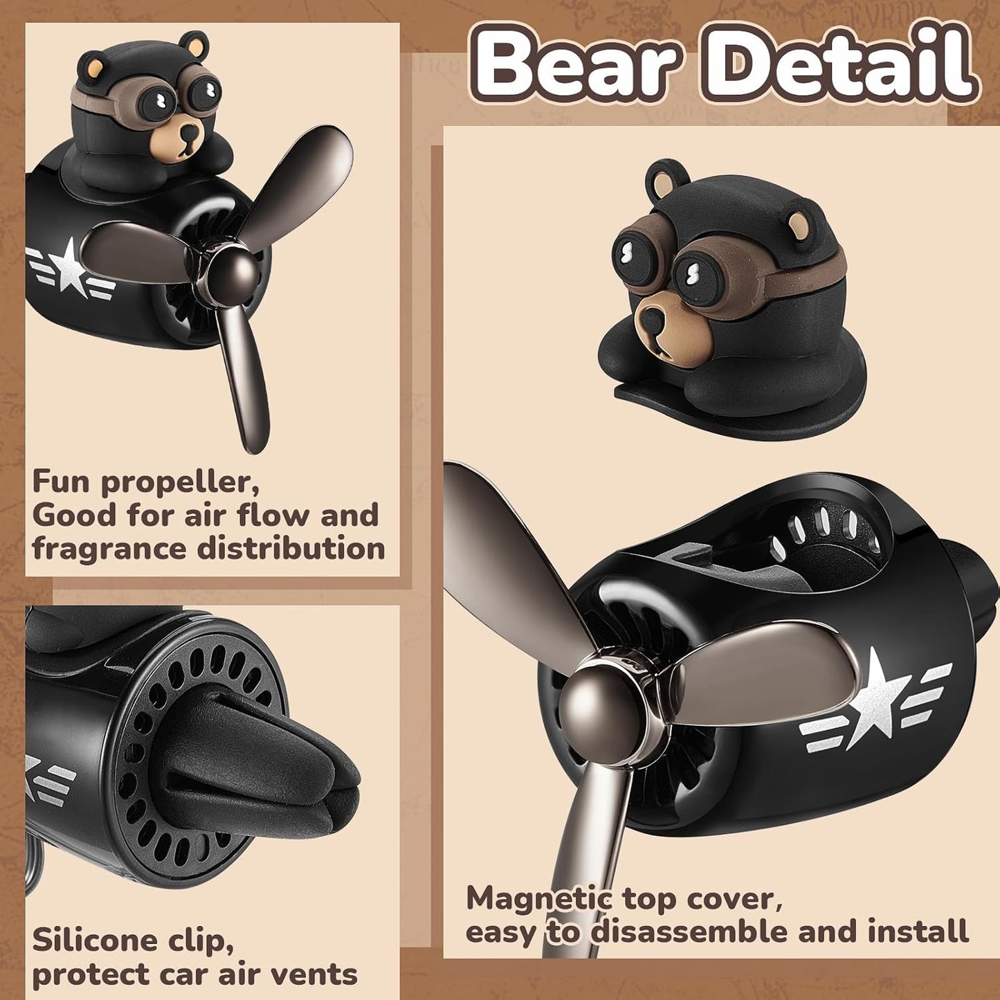 Cartoon Bear Car Air Fresheners 2 Pack Pilot Black Automotive Air Outlet Fan Cool Cute Air Freshener for Car Creative Car Perfume Decoration for Vehicle Vent Scent Clip Diffuser Ornament Accessories
