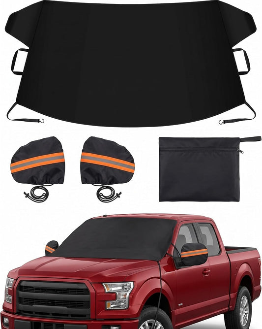 Windshield Cover for Ice and Snow, Hail Resistant Car Cover 74"x43", 600D Oxford Car Cover with Reflective Mirror Covers, Tire Mount Straps for Pickup Truck, SUV, Van