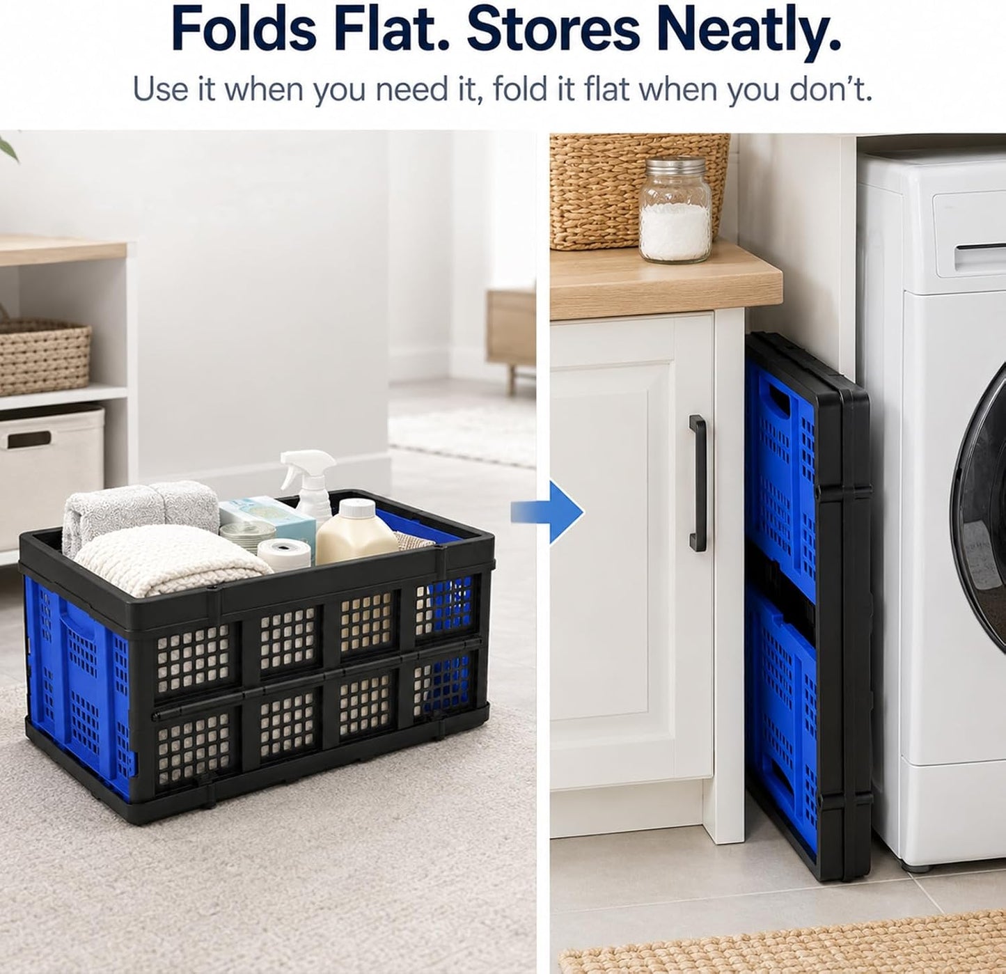 Collapsible Storage Crates 2 Pack, Heavy Duty Foldable Plastic Storage Bins, Stackable Garage & Trunk Organizers for Car, Home, Grocery & Moving Storage, 49L, Blue