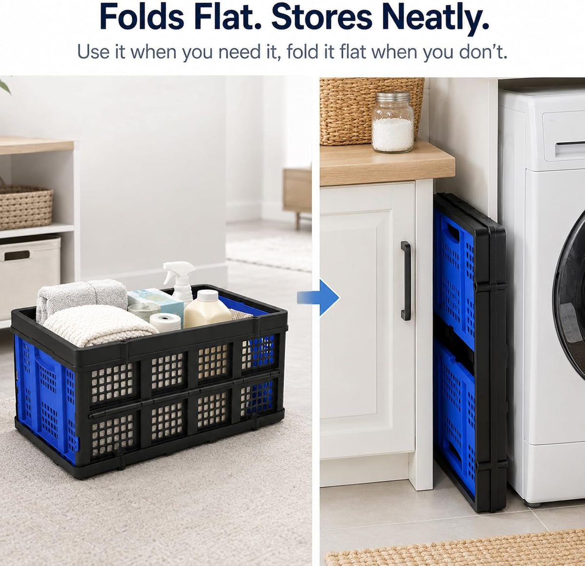 Collapsible Storage Crates 3 Pack, Stackable Foldable Storage Bins for Garage, Car Trunk, Warehouse & Home Organization, Heavy Duty Plastic Utility Crates, 49L, Blue