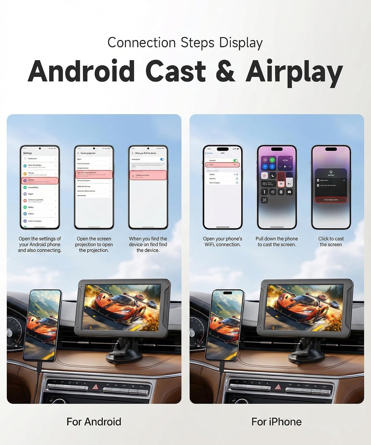 7-Inch HD IPS Portable Carplay Screen for Car, Wireless CarPlay & Android Auto, Bluetooth Music & Call, Wireless Screen Mirroring, CVBS Rearview Camera Compatible with Adjustable Brightness