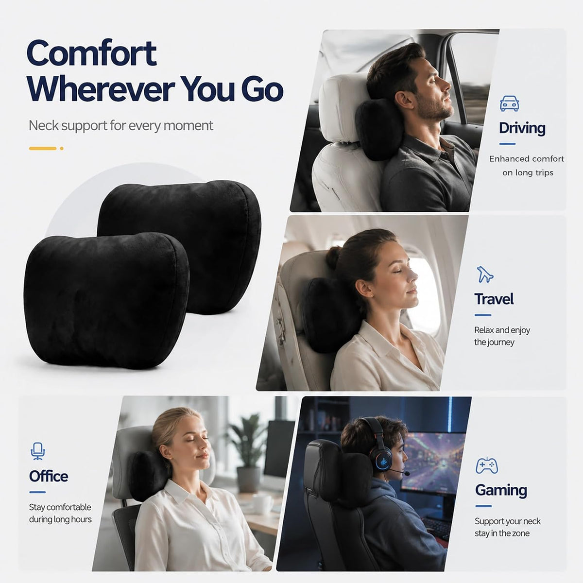 2 PCS Car Pillow for Driving Seat Soft Suede Headrest Neck & Lumbar Support