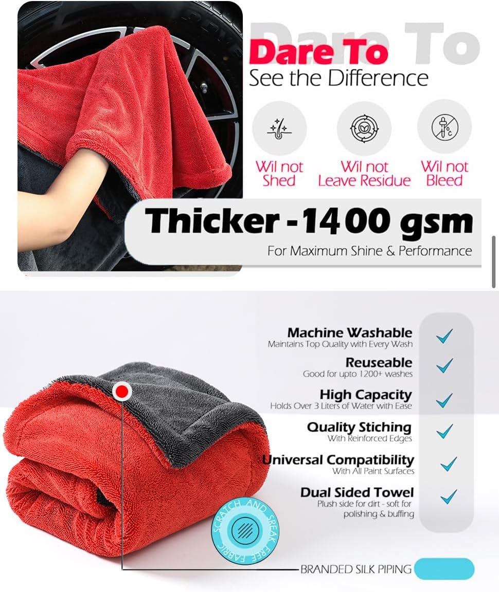 1400 GSM Car Drying Towel - 24x36 Inch Microfiber Twist Loop Towel for Cars, Ultra Absorbent Auto Detailing Towel, Scratch Free Streak Free, Red & Grey, 1 Pack