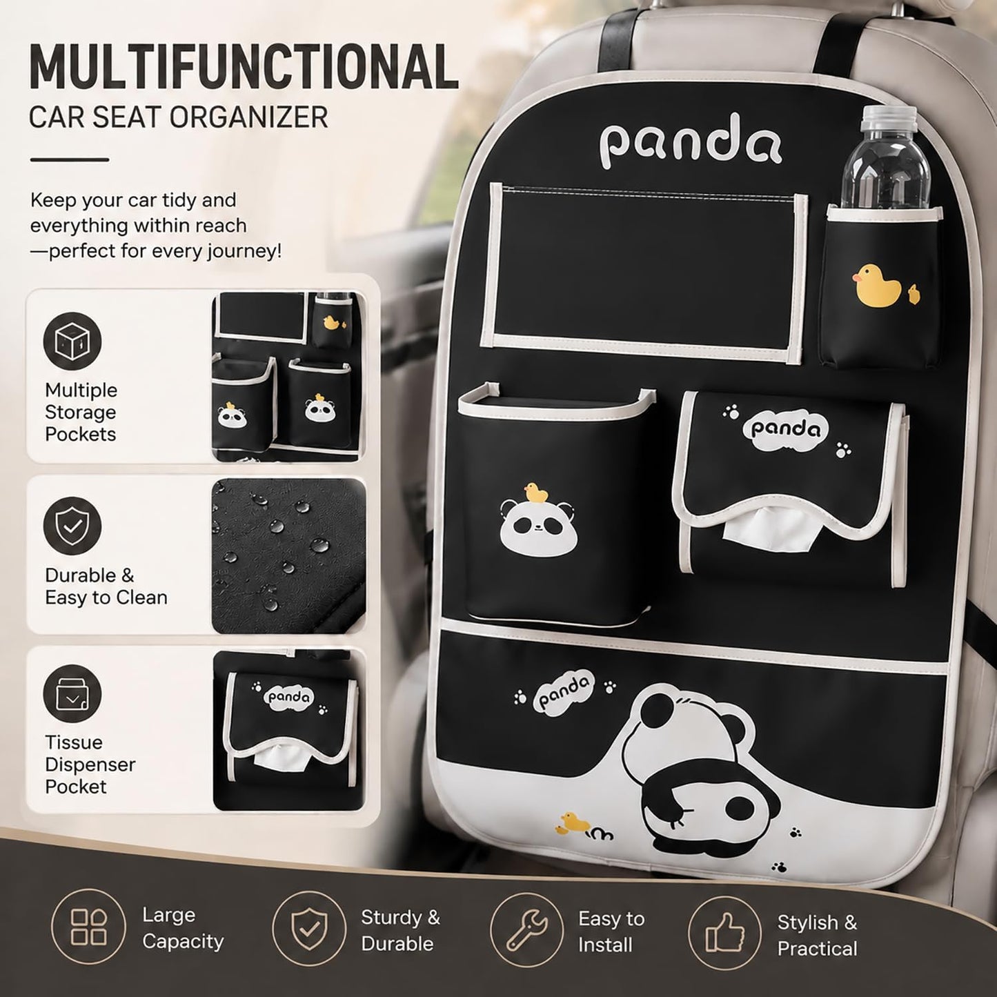 YUNZLAN Cute Panda Leather Car Backseat Organizer 1 Pack Car Seat Back Protectors with Clear 10" Tablet Holder + 4 Storage Pockets