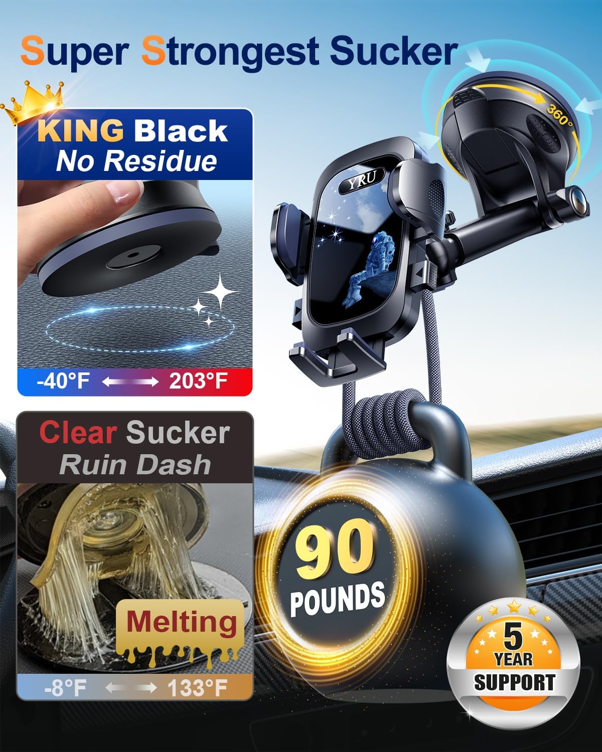 YRU True Military-Grade 360°Rotation Suction 2026 Ultimate Car Phone Holder