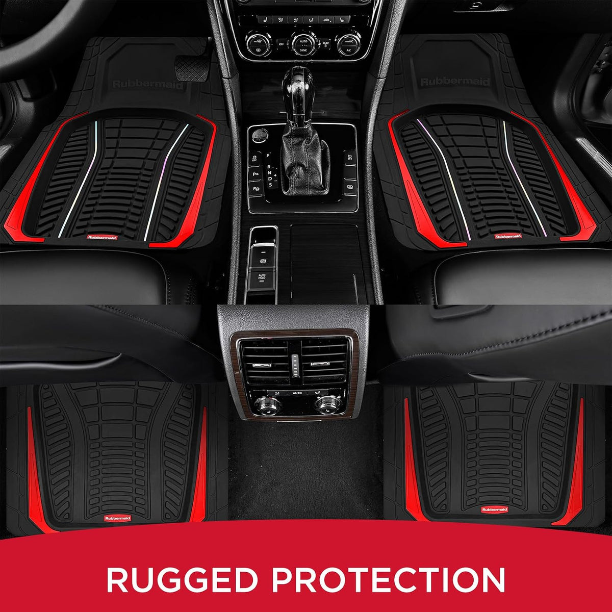 Rubbermaid Car Floor Mats Full Set – Premium All-Weather Car Mat with Brushed Aluminum Inserts, Universal Trim-to-Fit Design, Anti-Slip Backing for Cars, SUVs, Trucks, and Vans