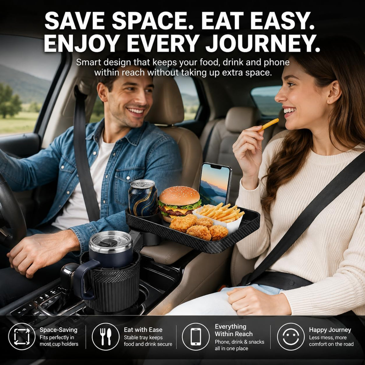 NEVERLAND Car Cup Holder Expander with Tray - 3-in-1 Car Food Tray & Table for Eating - 10" Rotating Surface with Phone Holder - Fits Yeti, Stanley, Owala up to 64 oz - Black Road Trip Essentials