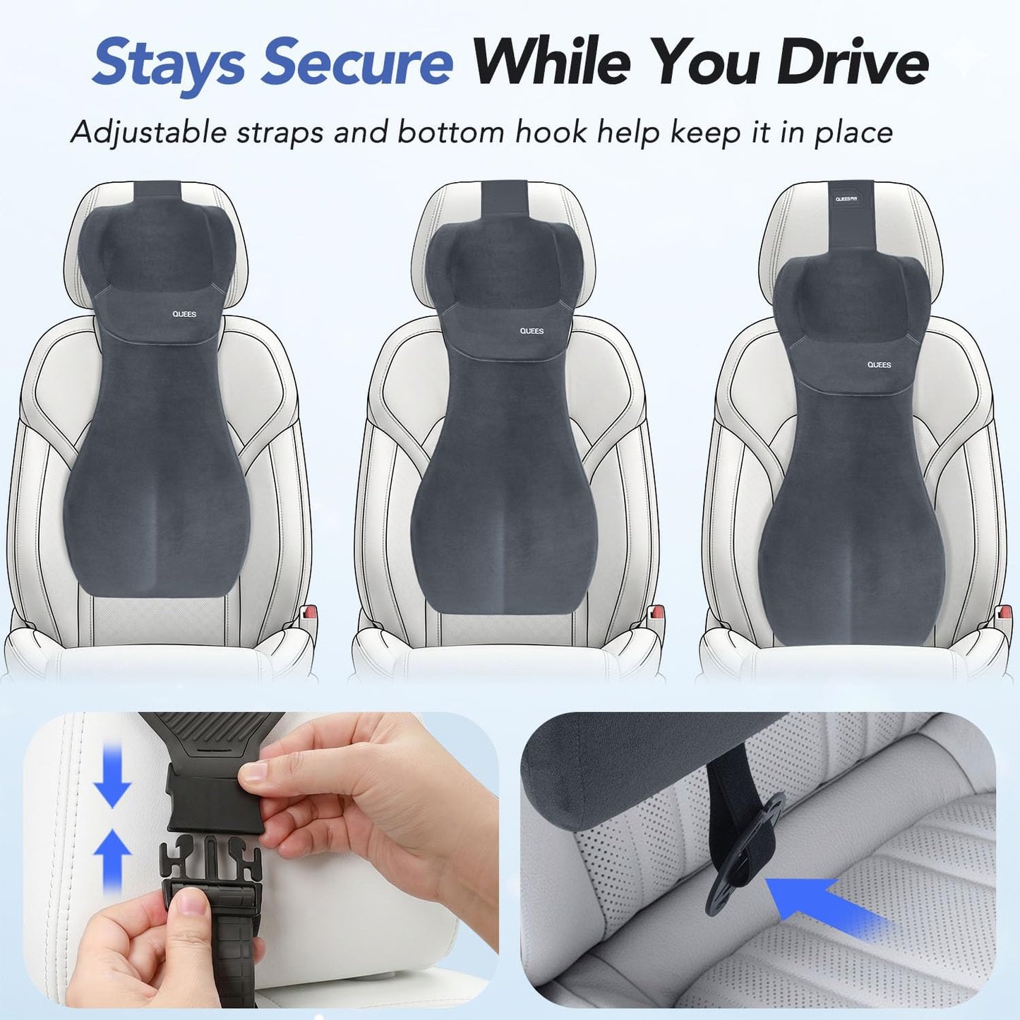 Lumbar Support Pillow for Car with Headrest, Memory Foam Cushion for Back & Neck Support, Muscle Fatigue Relief, Full-Length S-Curve Support for Long Drives, Fits Cars, SUVs, Trucks