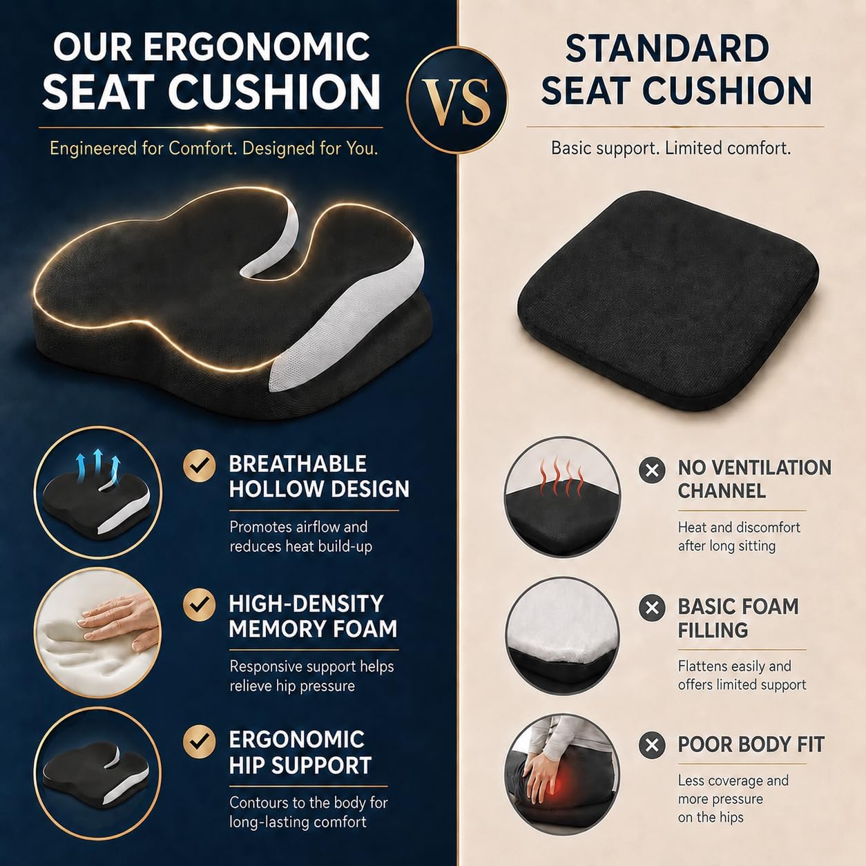 Seat Cushions for Office Chairs Wheelchair Cushion for Long Sitting Back Pain，Memory Foam Seat Car Computer Desk Chair Cushion，Coccyx Cushion for Tailbone Pain Relief Cushion Office Chair Black