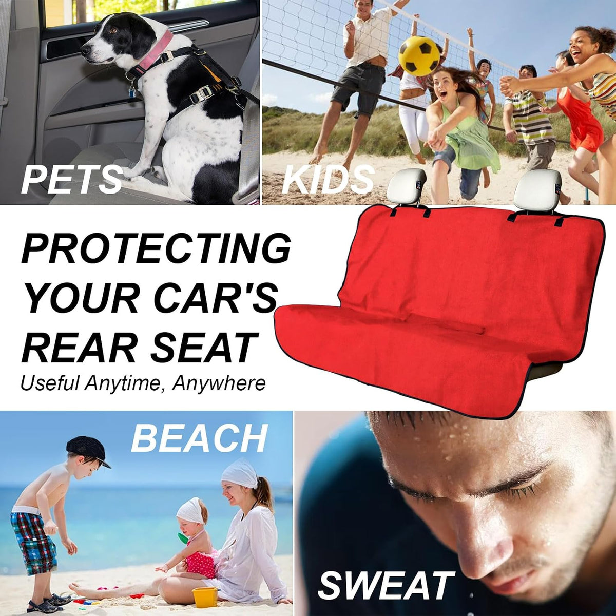 Sweat Towel Car Seat Cover Protector Front Seats for Gym Workout, Running, Swimming, Beach and Hiking, Waterproof Universal Seat Cover for Car, Trucks, Van & SUV (1, Pure Red, Rear Seat)