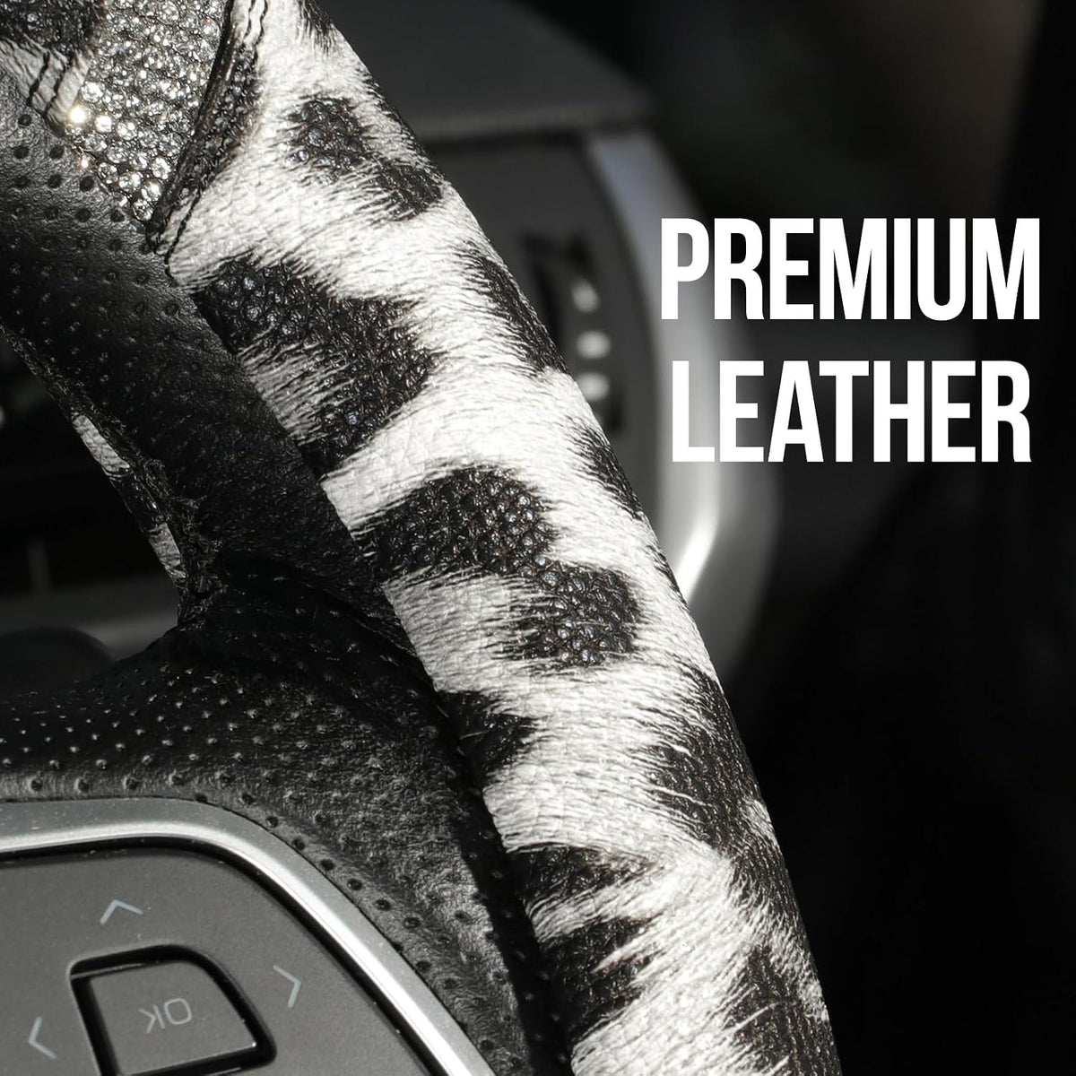 Rhinestones Leopard Leather Car Steering Wheel Cover-Black&White