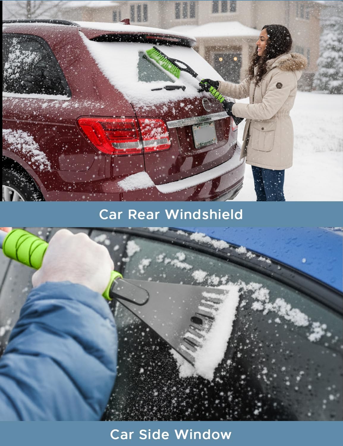 Autovir 27" Snow Brush and Ice Scrapers for Car Windshield (1 Pack), Window Ice and Snow Scraper with Ergonomic Foam Grip, Snow Windshield Scraper with Aluminum Body, Winter Car Accessories (Green)