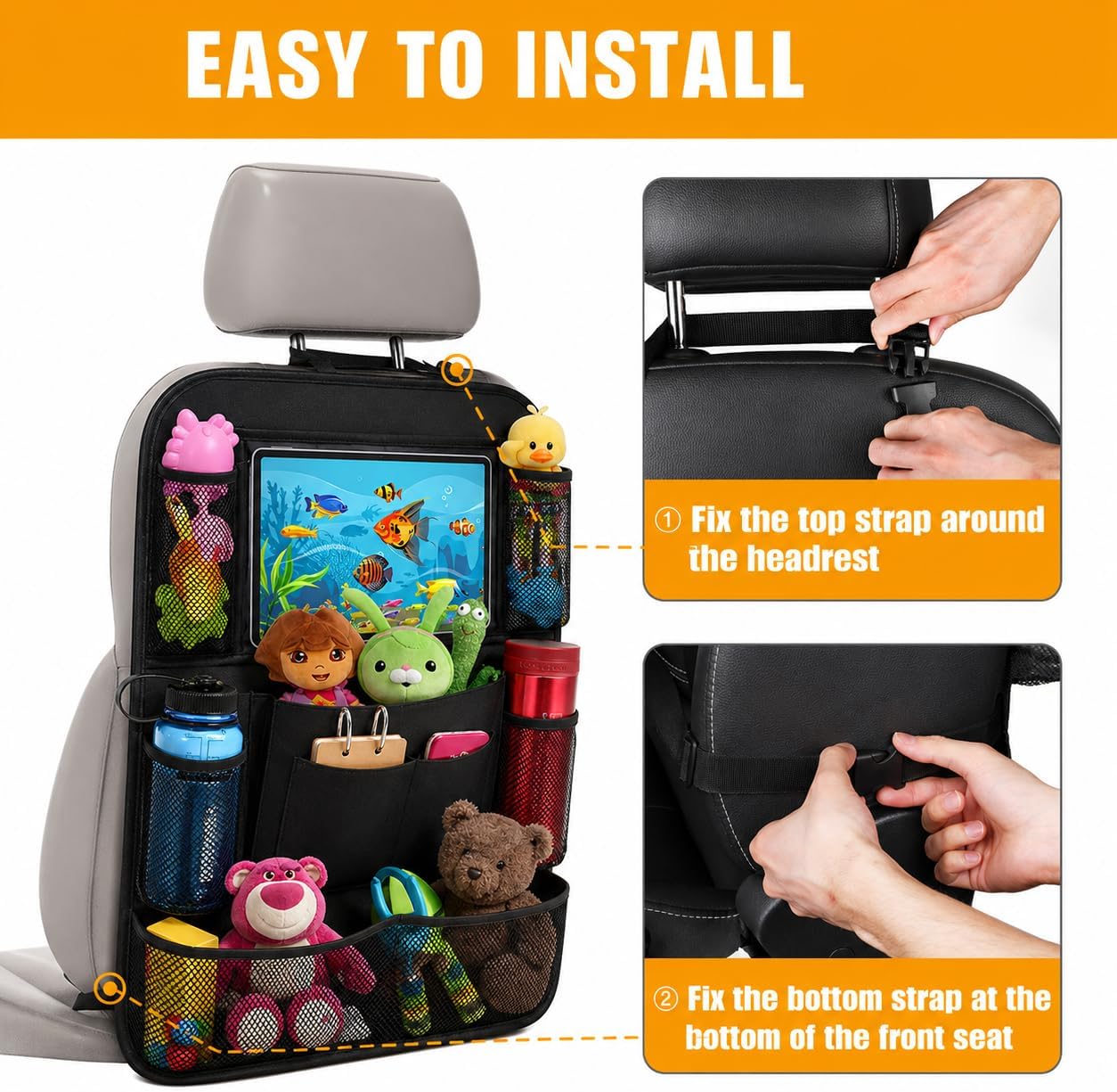 ULEEKA Car Backseat Organizer with 10" Table Holder, 9 Storage Pockets Seat Back Protectors Kick Mats for Kids Toddlers, Travel Accessories, 2 Pack