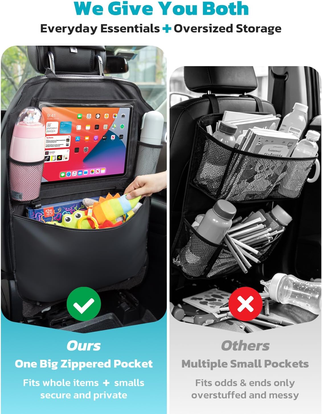 Oasser Seat Back Protector Kick Mats Backseat Car Organizers | 2 Pack, 1 Tissue Box, 12.9" Touch Screen Tablet Holder, Large Back of Seat Protector and Storage for Kids, 8 Pockets, Black