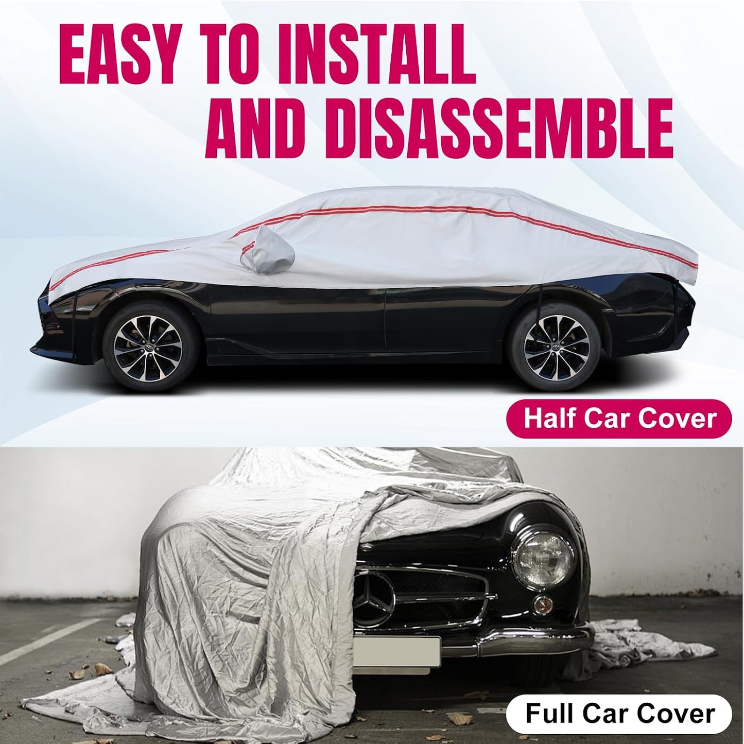 Half Car Cover for Snow, Hail Car Cover with Cotton Liner, Sunroof & Windshield Cover for Ice and Snow, All Weather Car Body Cover for Sun, Rain, Dust, Fit SUV L