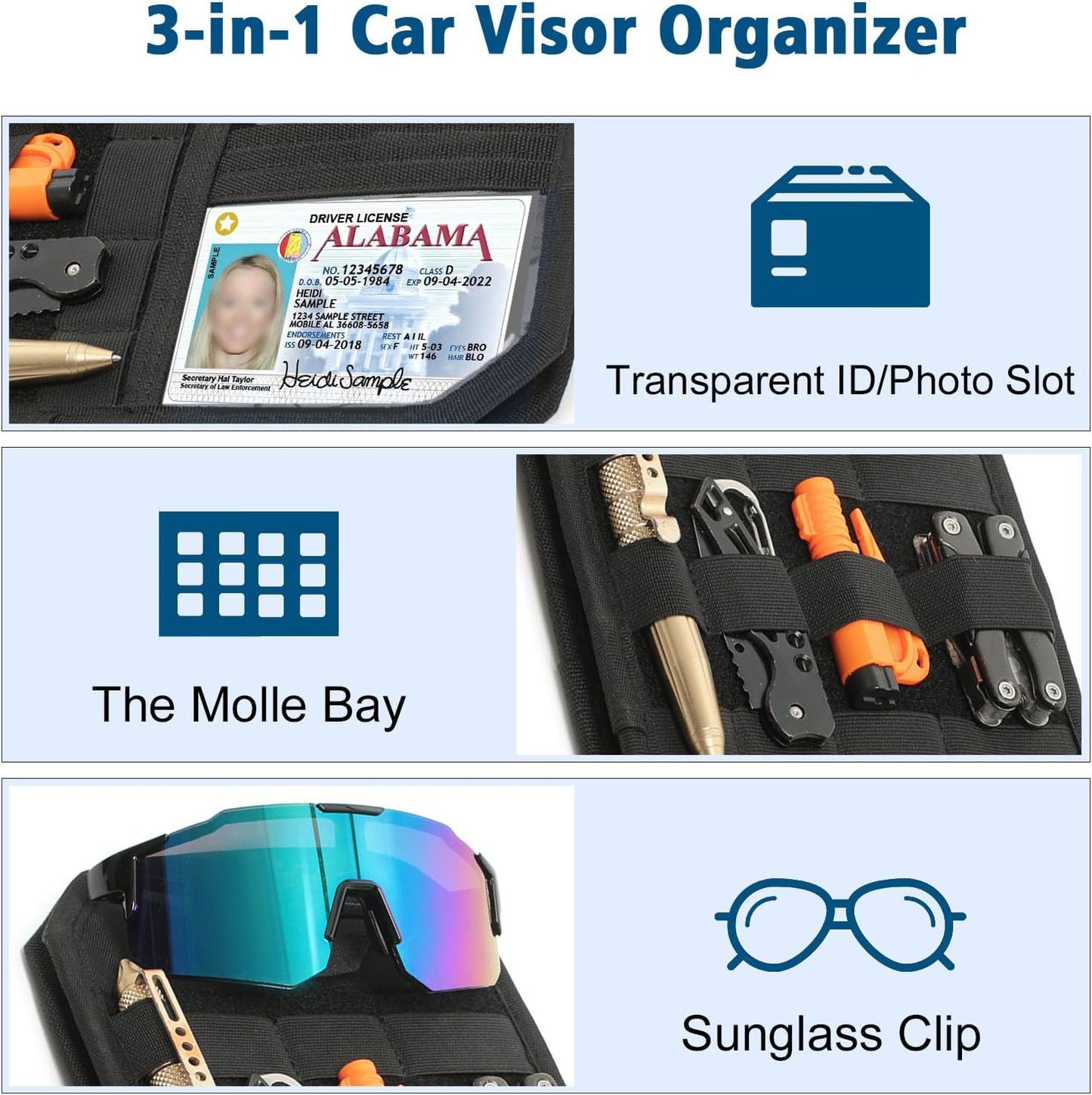 MOLLE Car Sun Visor Organizer, Semi-Rigid No-Sag Panel with Zipper Pouch, Glasses Clip & ID Slot, Tactical Visor Storage for Trucks SUVs Cars