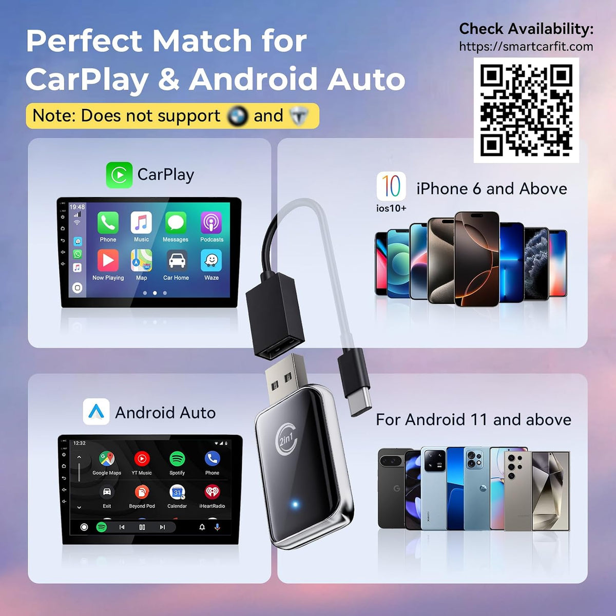 CZOCPOS Wireless CarPlay and Android Auto Adapter for iPhone, Convert Wired CarPlay to Wireless, 2 in 1 Plug & Play Mini CarPlay Adapter for iOS 10+ and Android 11+ Cars with Factory Wired CarPlay