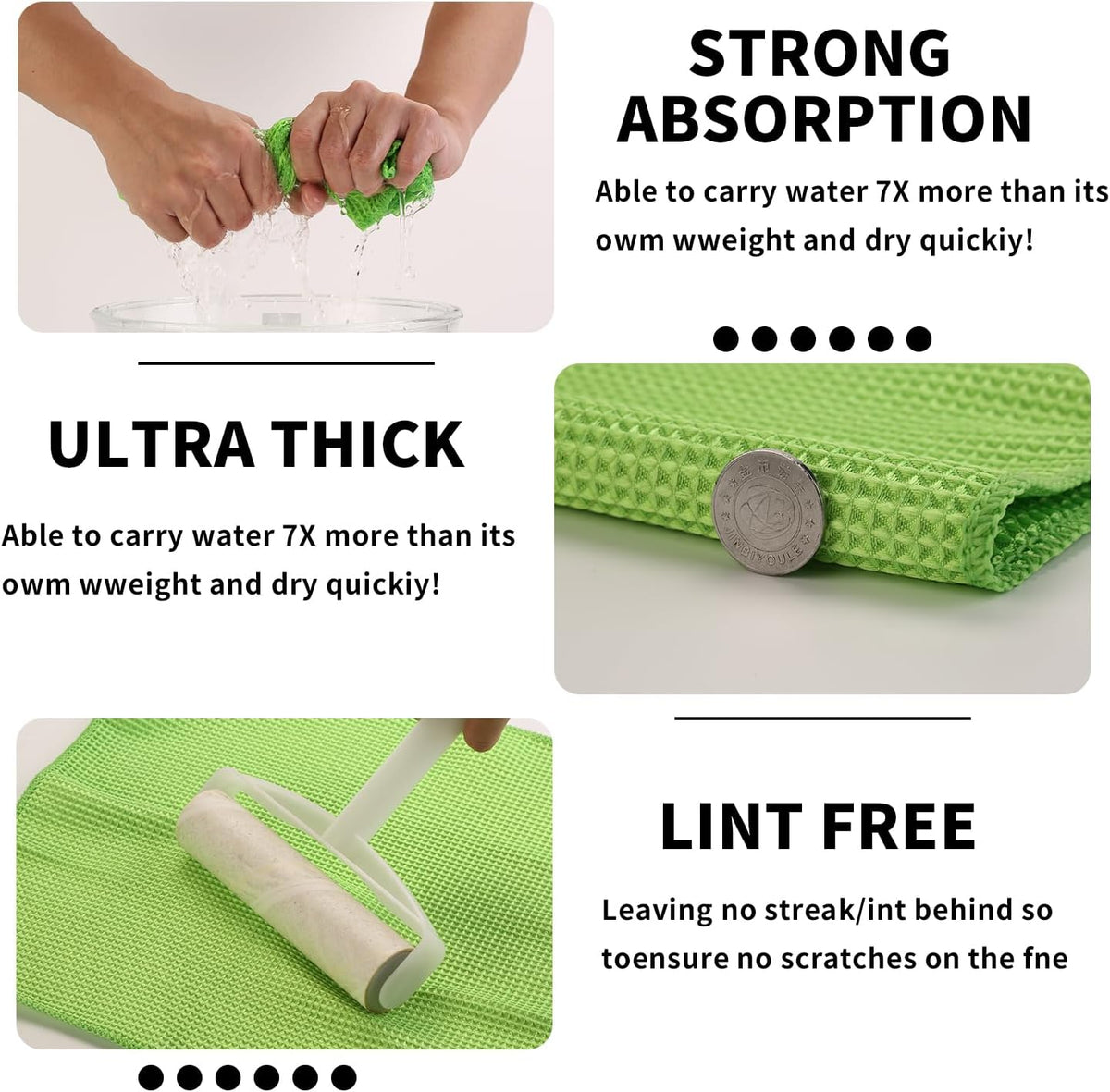 XINDELL Waffle Weave Microfiber Towel, 4Pack-16" X16" Premium Waffle Knit Detailing Towel, Cleaning Cloth for Car Windows Glass, No-Odor Streak-Free Ultra Absorbent Small Kitchen Cleaning Rags, Green