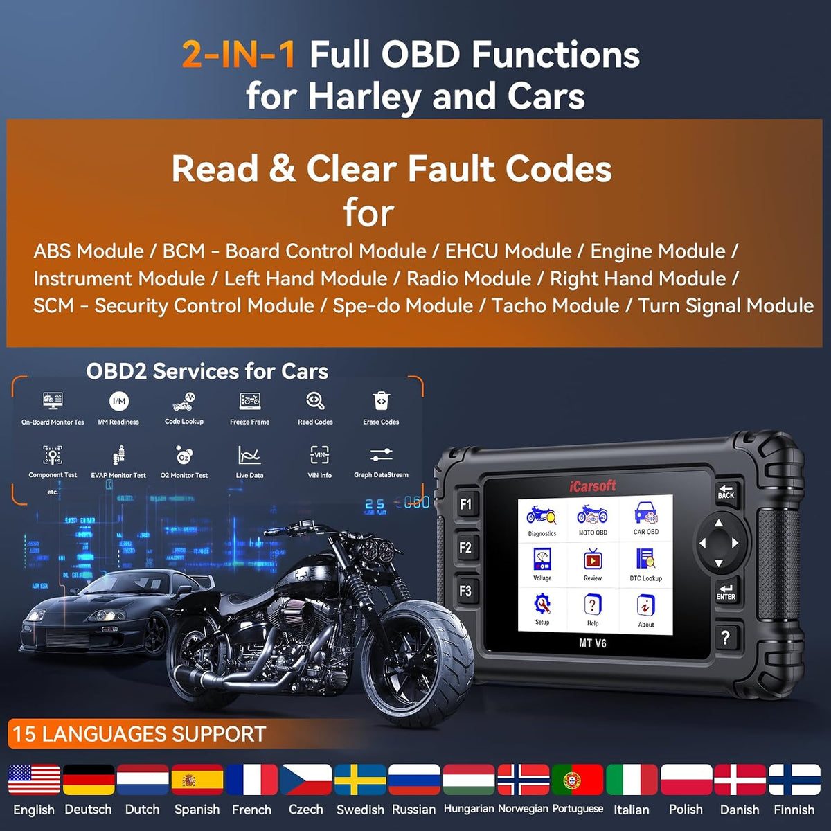 iCarsoft MT V6 Motorcycle Diagnostic Scan Tool for Harley, 57 Reset Services, 43 Actuation Test, Battery Test, All Motorbike System Diagnose, Read/Clear Codes, Live Data,Also Car OBD2 Diagnose