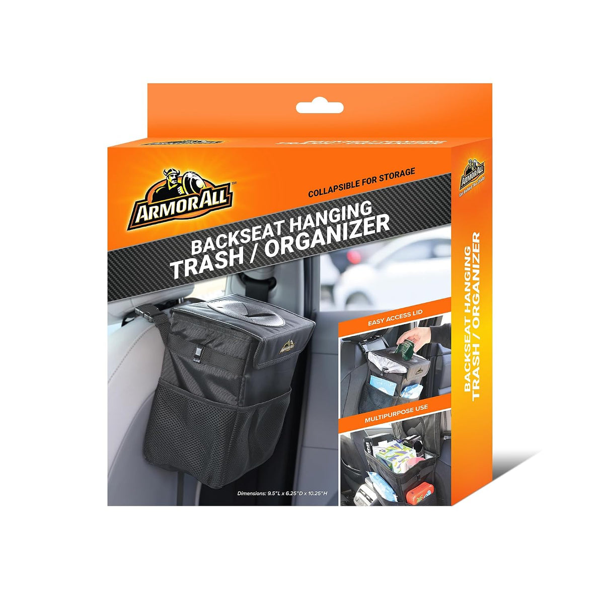 Armor All Car Trash Can & Organizer, 2.63 Gallon Waterproof Covered Garbage Bin, 3 Mesh Pockets, Collapsible for Easy Storage, Adjustable Strap & Hook for Backseat Hanging, 9.5” L x 6.25” D x 10.25” H
