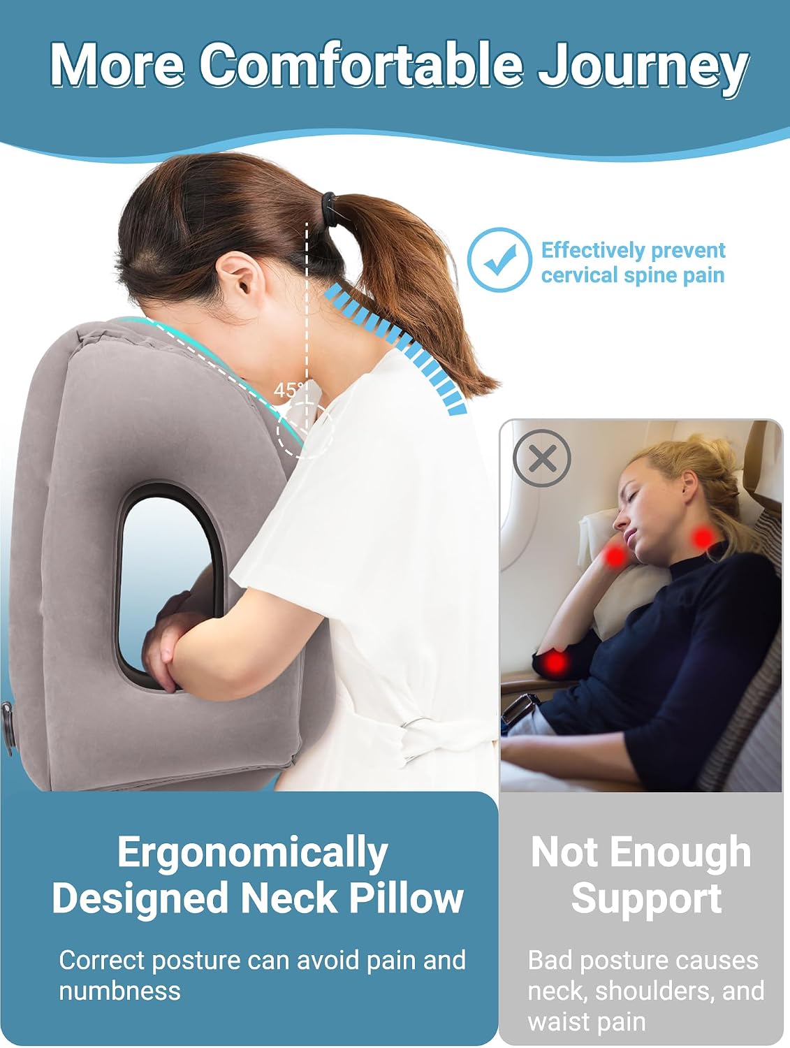 Maliton Inflatable Travel Pillow for Airplane Comfortable Sleeping to Relieve Neck and Shoulder Pain, Support Head Inflatable Pillow for Long Flights, Used for Airplanes, Cars, Trains, Office (Grey)