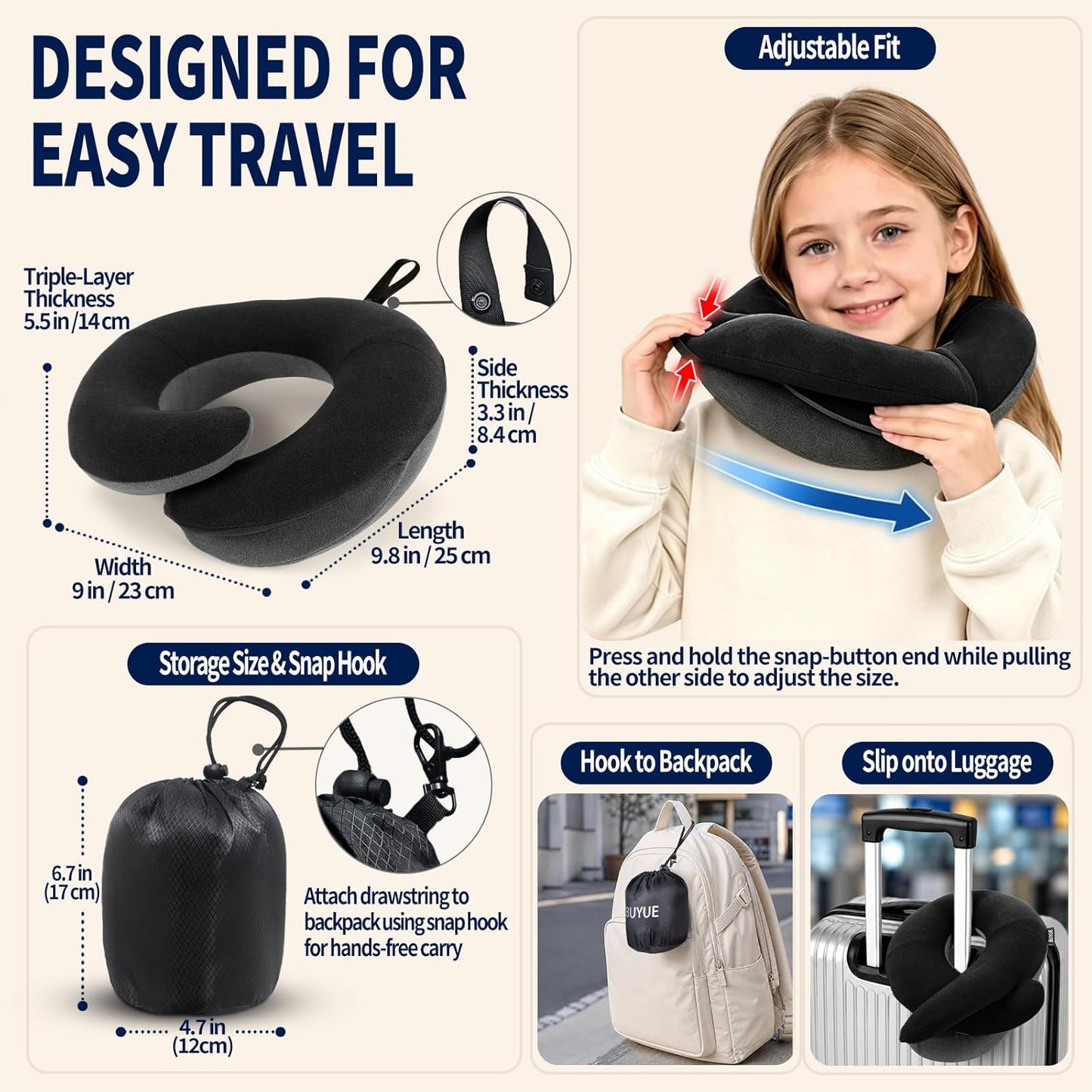 BUYUE Kids Travel Pillows for Airplane, Memory Foam 360° Head Support Sleeping Essentials for Long Flight, Skin-Friendly Soft Neck Pillow for Traveling in Car Seat, (Small, Black Grey, 40-90 lbs)