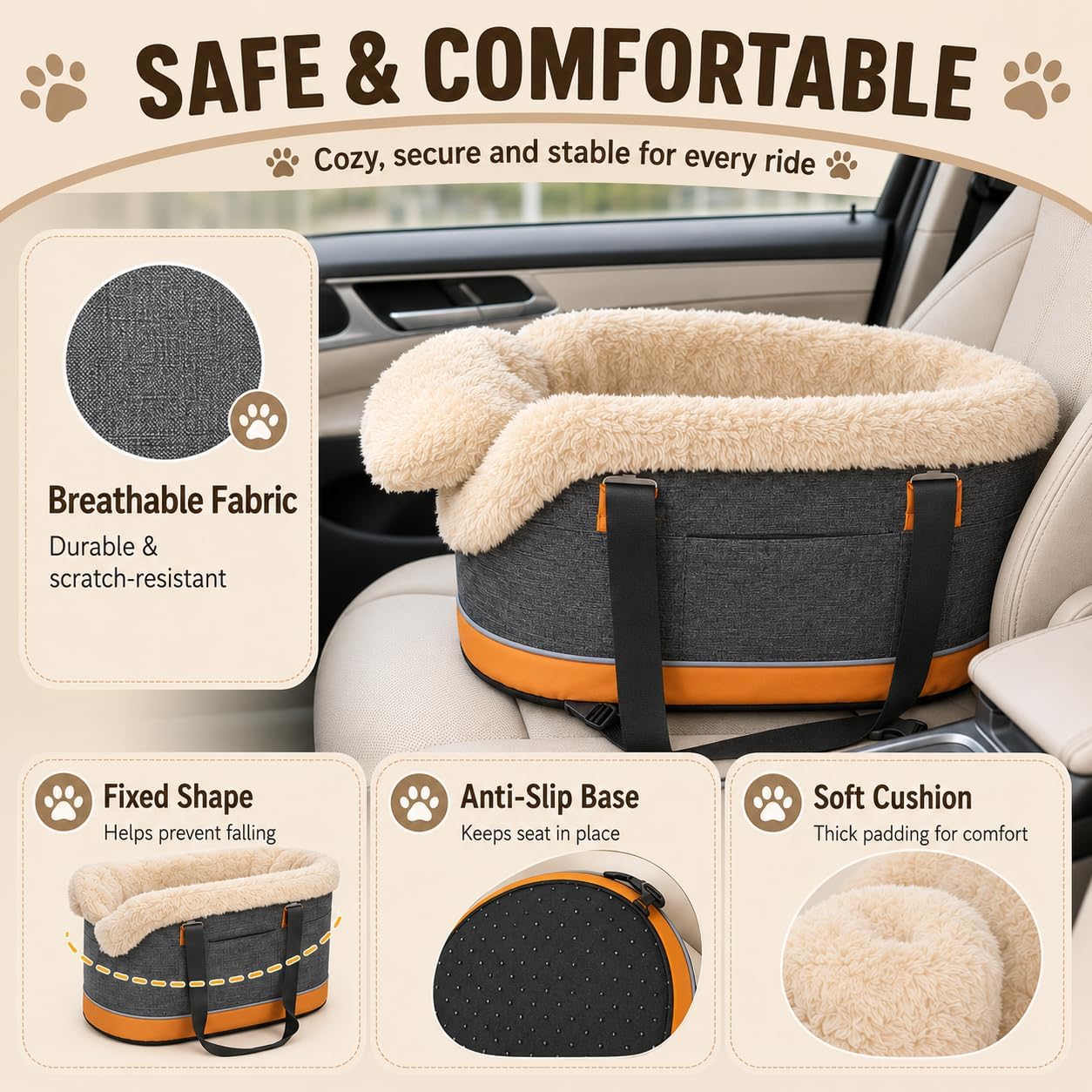 Pet Car Center Console Elevated Armrest Car Seat for Small Puppy, Dogs & Cats (Up to 10 lbs) – Dark Gray Washable Plush Carrier with Safety Leash, Fits Front Vehicle Console Space (Dark Grey)