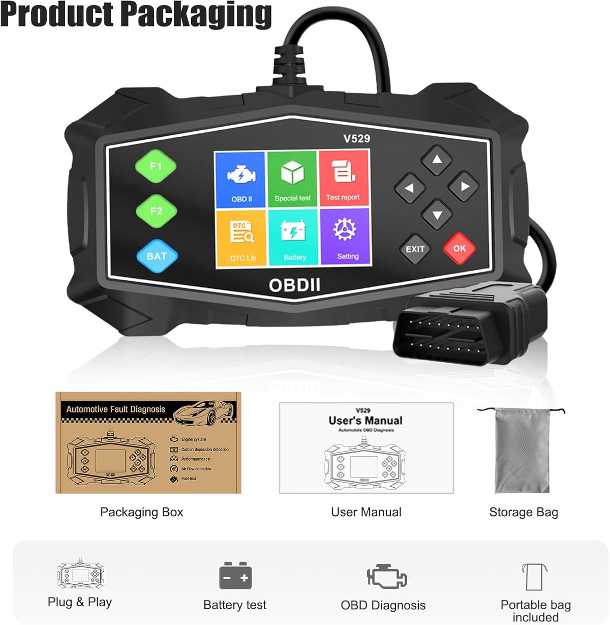 OBD2 Scanner Diagnostic Code Reader,Automotive OBD II Engine Light,Battery Tester,Mode 6, Mode 8 & I/M Readiness,OBDII Scan Tool for All OBDII Cars 1996+(OBDIIBlack)