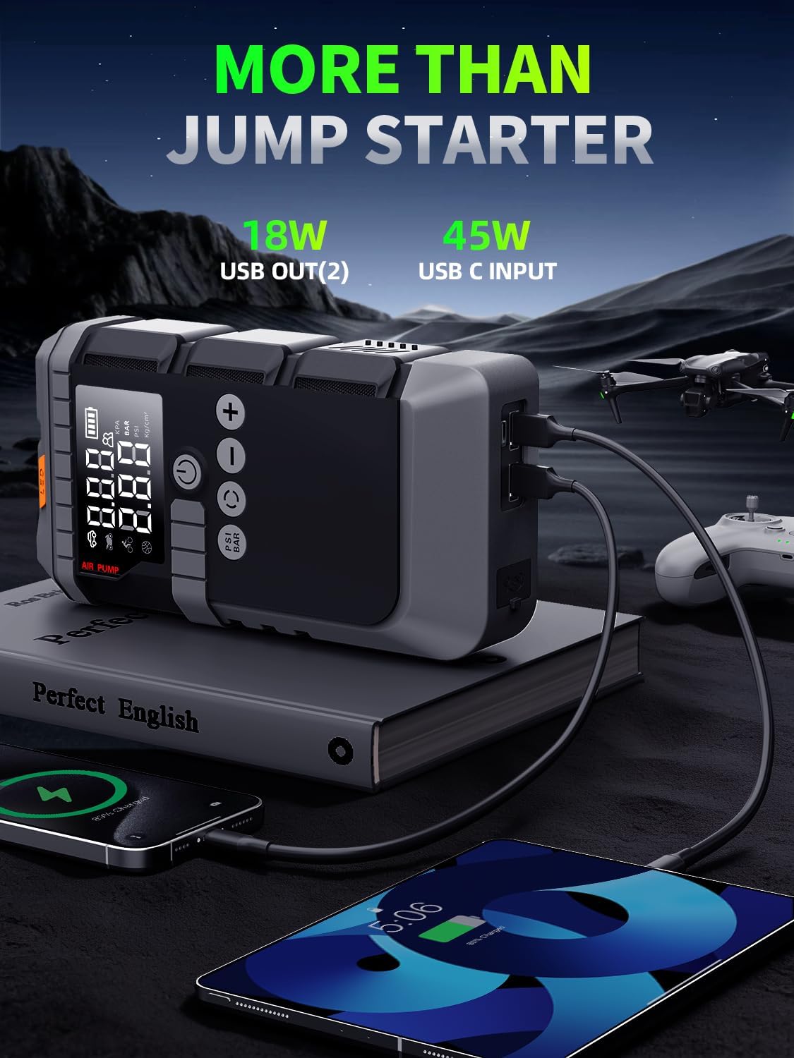 Portable Car Battery Jump Starter with Air Compressor (All Gas/12L Diesel)
