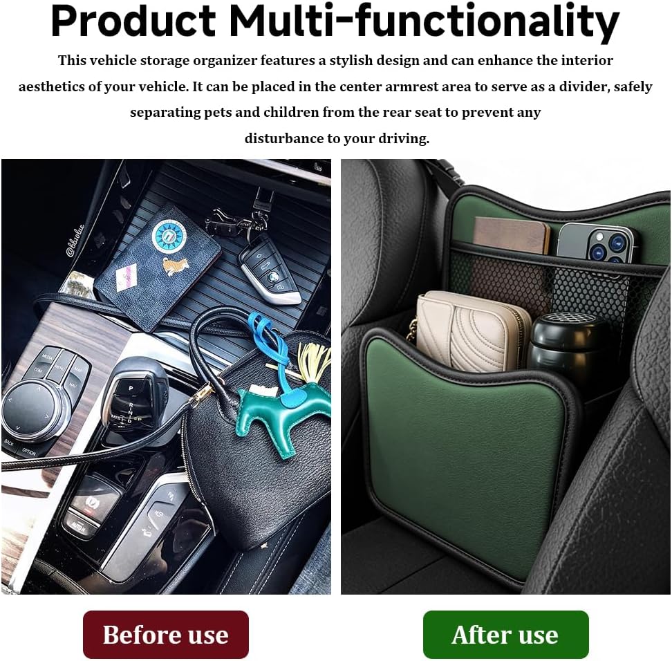 Car Organizer Storage Between Seats, Car Purse Holder, Nappa Leather Front Seat Storage Bag with Tissue Holder, Large Capacity Auto Console Organizer for Document Phone Wallet Snack (Green)