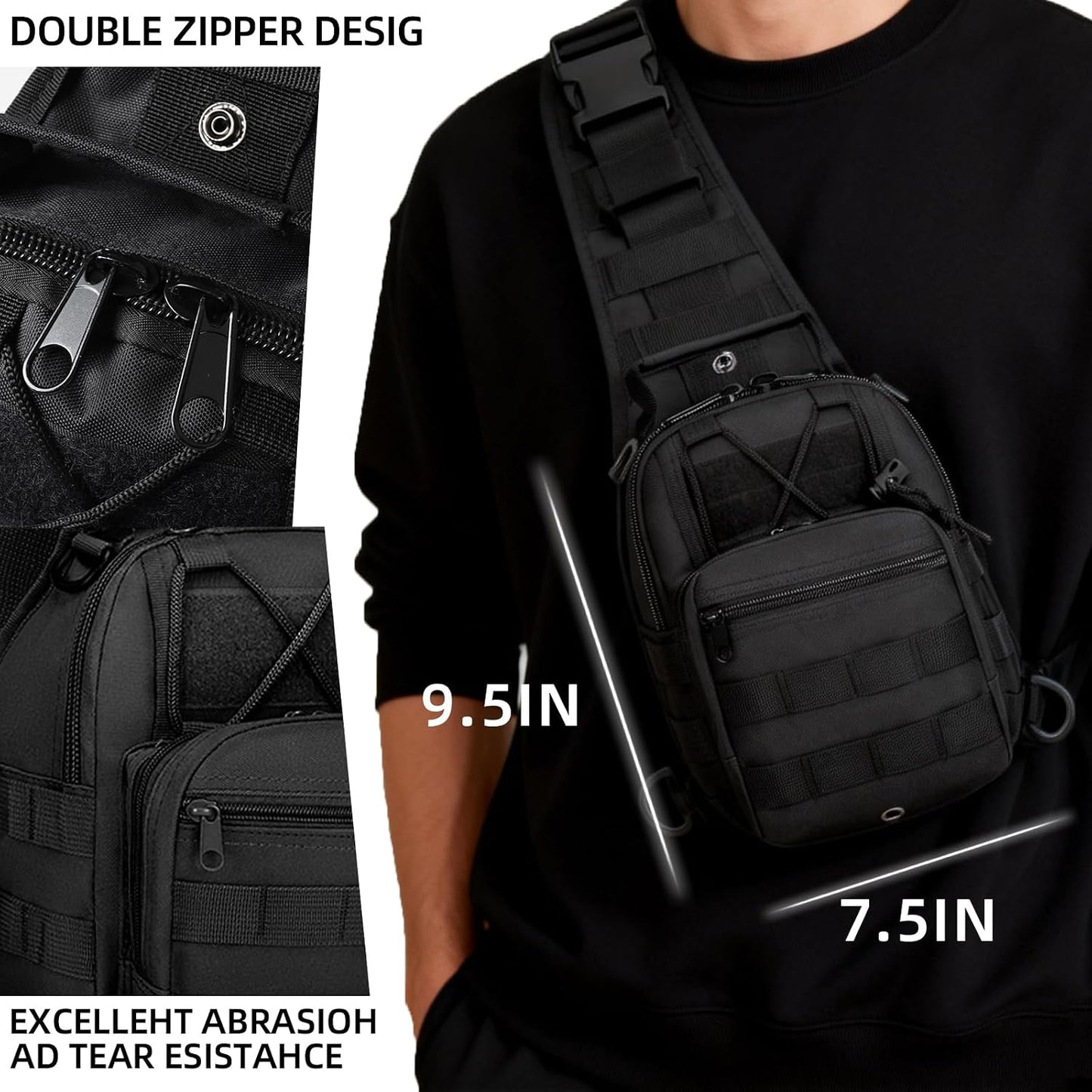 J.SH Tactical Sling Bag, Military MOLLE System Crossbody Bag, Waterproof Durable High-Density Nylon Material, 4-in-1 Carry Design, for Hiking, Cycling, Travel, Commuting, Outdoor and EDC - Black