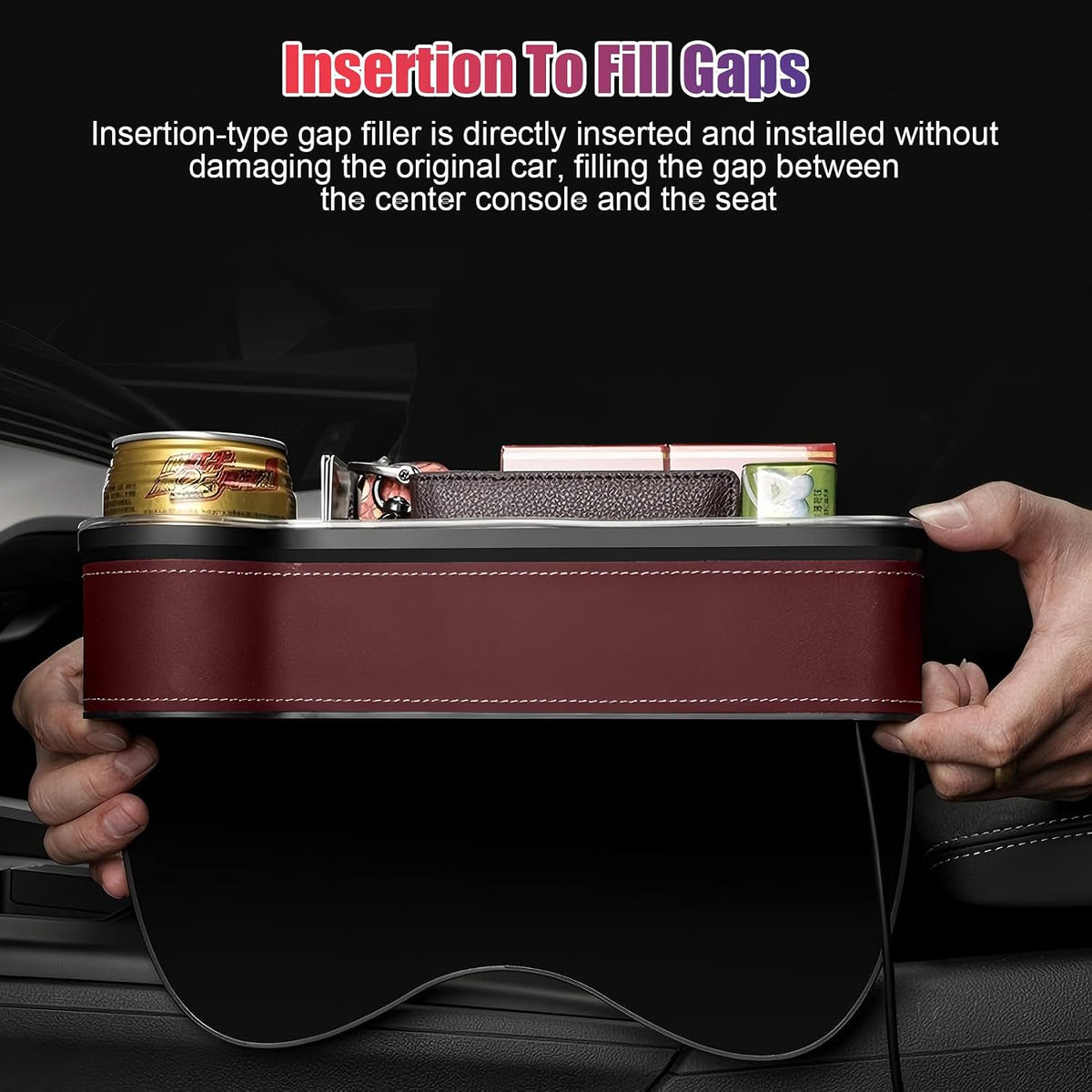 2PCS LED Car Seat Gaps Filler Organizer,Front Seat Gaps Filler, Car Seat Organizer with Ambient Light, USB Charger for Multifunction Storage Box for Holding Phone, Sunglasses