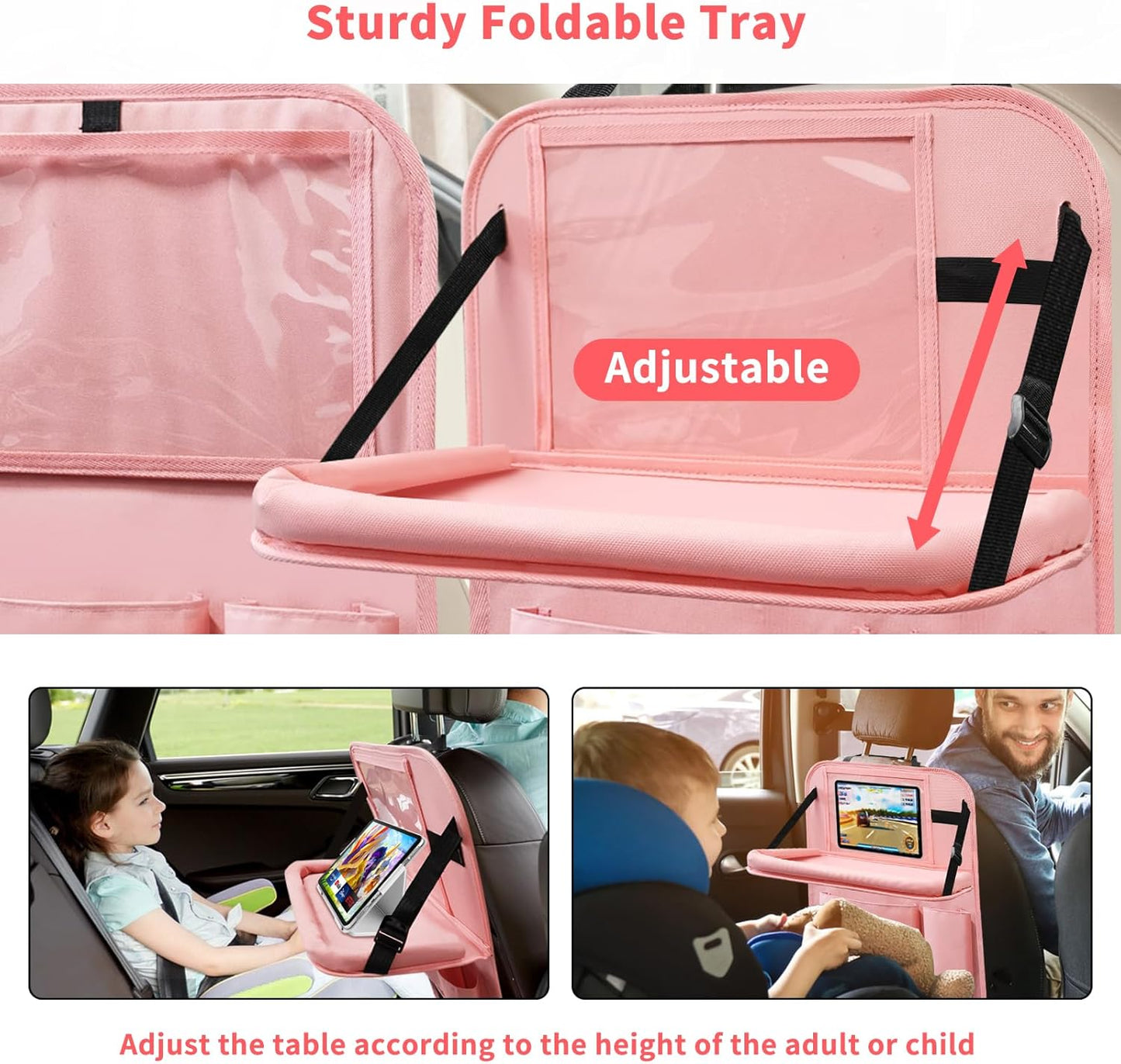 Car Backseat Organizer with Tray, Seat Back Table Holder with 6 Storage Pockets, Car Seat Back Protectors Kick Mats Travel Accessories, 2 Pack Pink