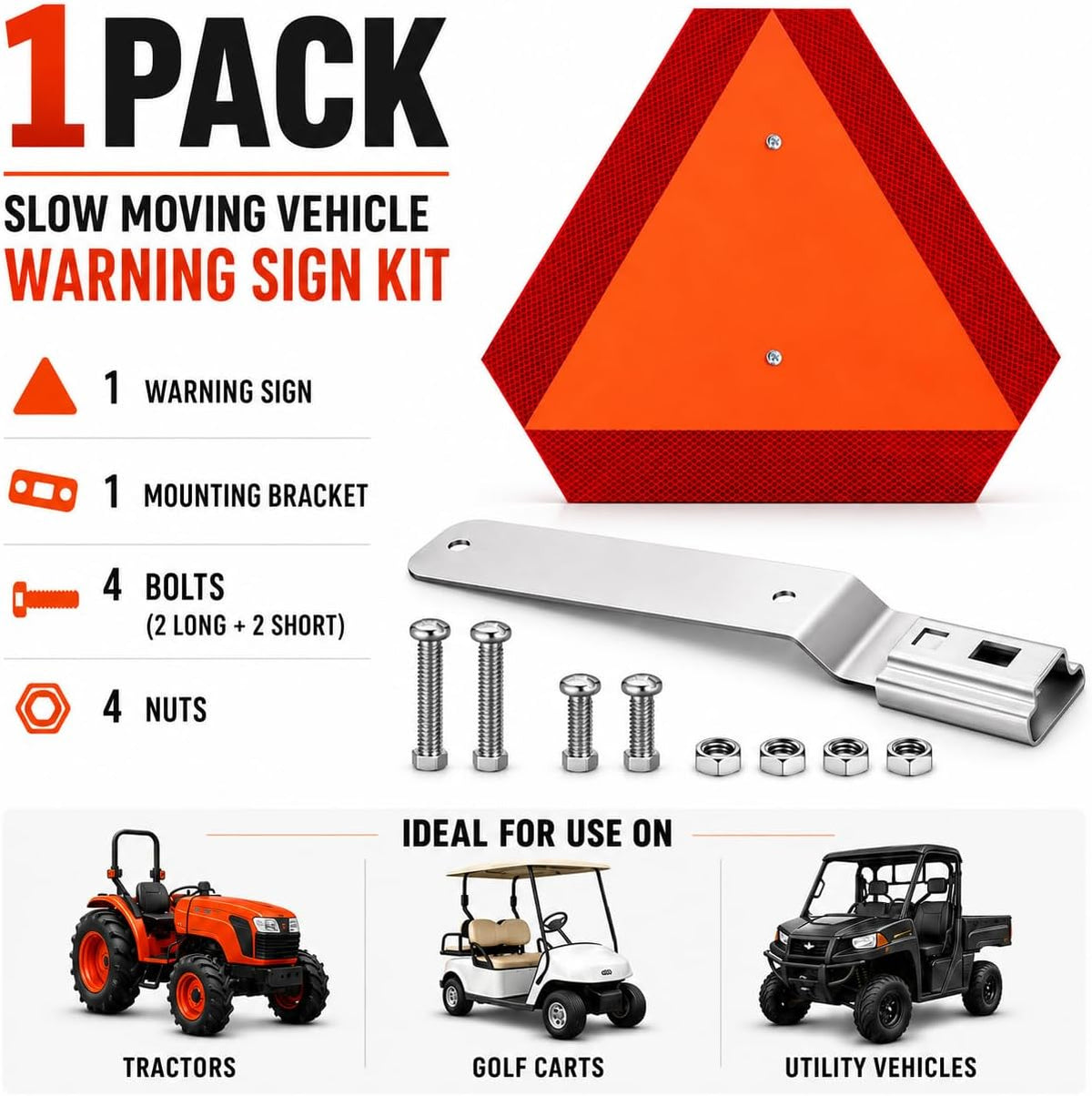 1 Set- Slow Moving Vehicle Sign with Mounting Bracket, 14 x 16 Inch Aluminum Reflective Triangle, Orange SMV Warning Sign for Golf Cart, Tractor, UTV, ATV, Roadside Safety