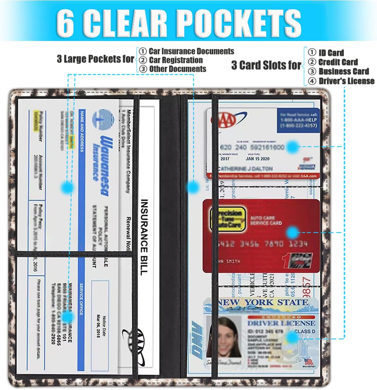Car Document Holder with Magnetic Shut, PU Leather Car Registration & Insurance Card Holder for Driver License, Cards & Essential Documents, Vehicle Glove Box Organizer, Leopard Cheetah Print