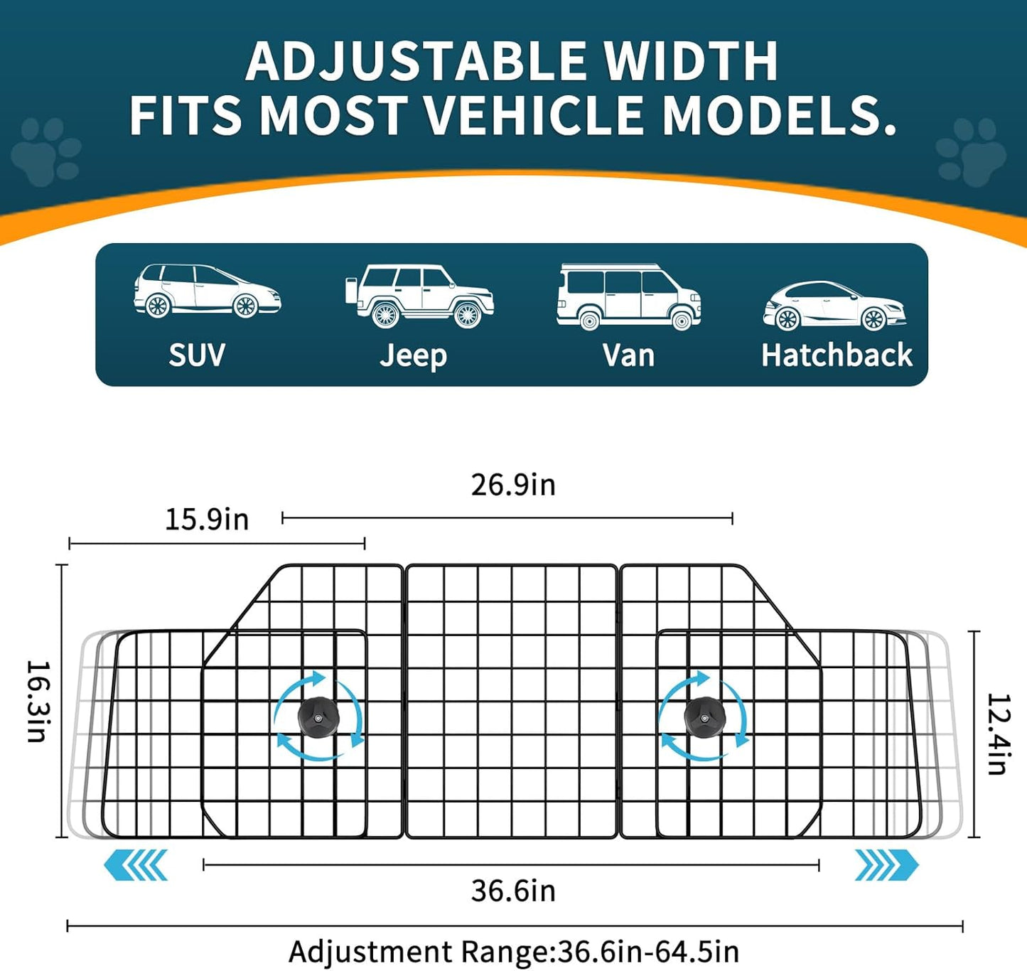 ERYTLLY Dog Car Barrier for SUVs, Vehicles, Dividers, Adjustable Heavy-Duty Wire Pet Gate, Foldable Car Pet Barrier with Mesh Bag, Car Accessories Safety Travel, for Cargo Area 36.6" to 64.5" Width