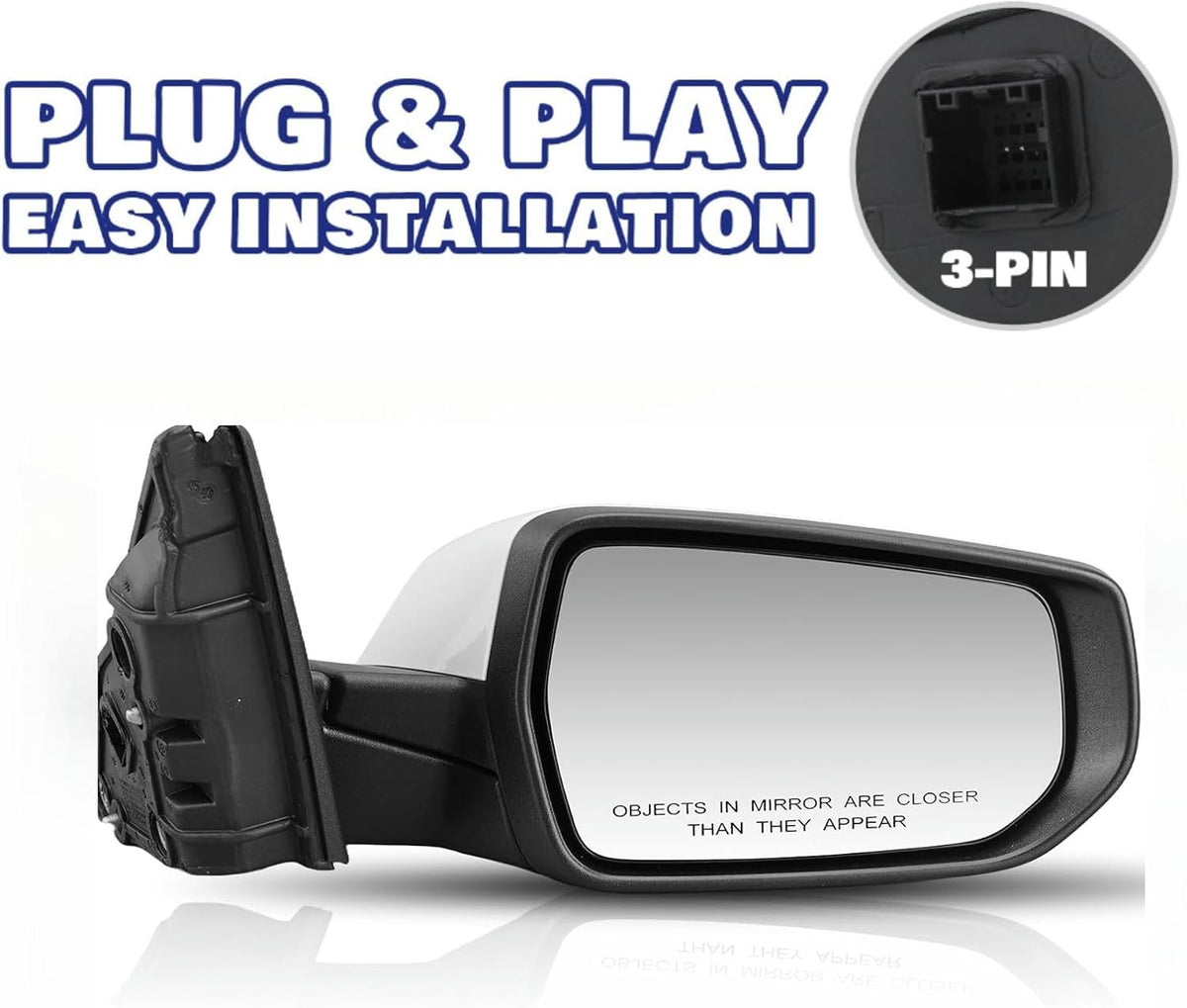 Passenger Side View Mirror Compatible With Chevy Malibu 2016-2021 3 Pins Manual Folding Non Heated Without Signal Light White