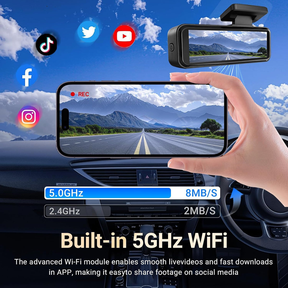 4K Front and Rear Dash Cam, Night Vision, 5GHz WiFi & APP Control, G-Sensor, Parking Monitor, Loop Recording, 170° Wide Angle, 3.2 Inch Screen, Dash Camera with 32GB SD Card