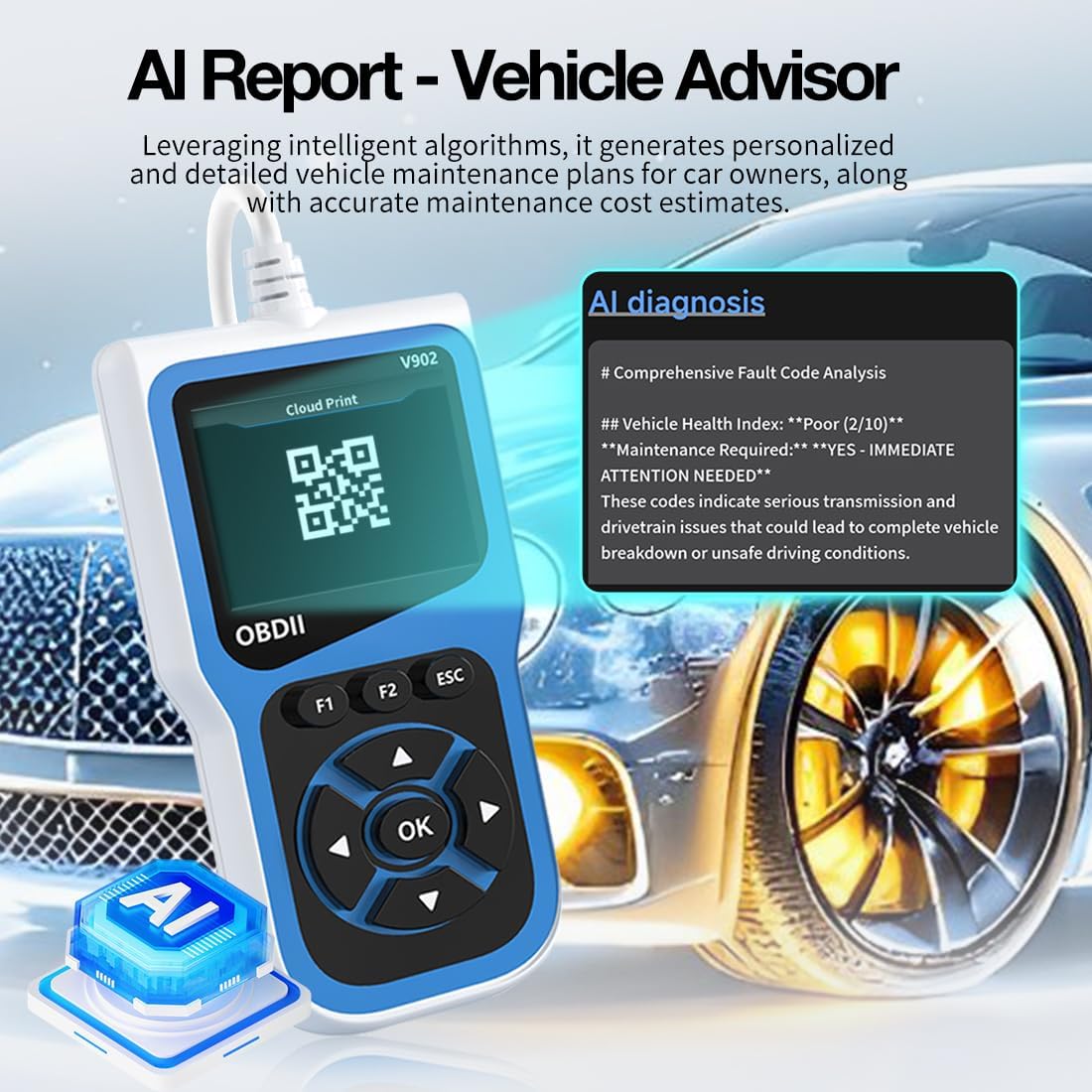 V902 OBD2 Scanner with AI Diagnostic Report, Car Code Reader, 2.8" HD Color Screen, 10 Full Diagnostic Modes, Read/Clear Fault Codes, Compatible with All 1996+ Cars, Trucks, SUVs, RVs