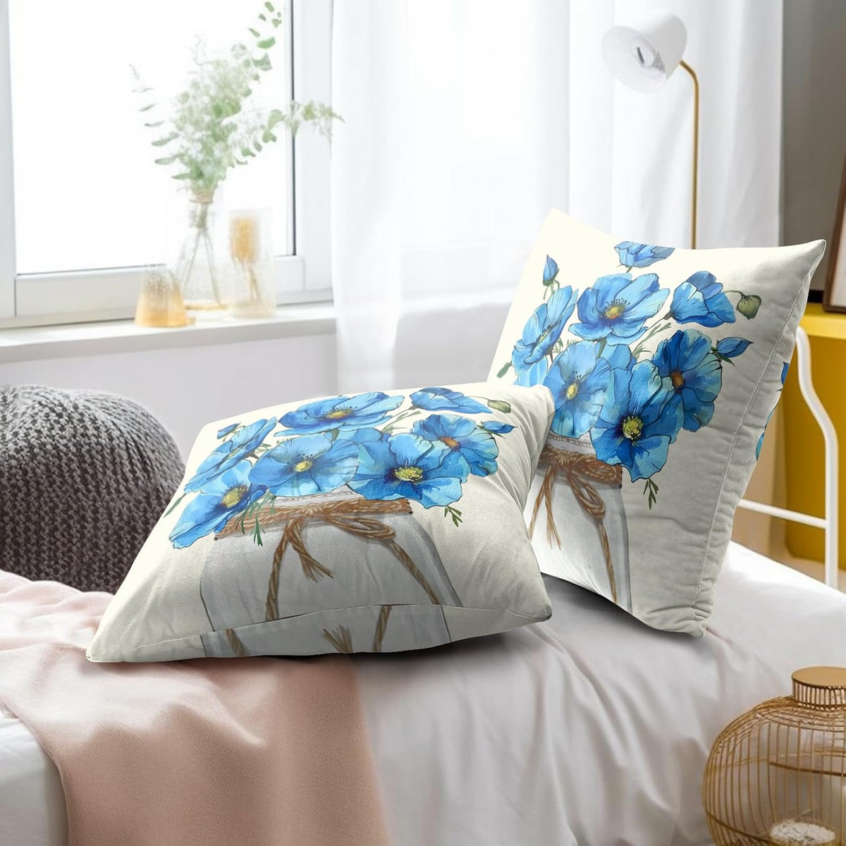 Blue Poppy Throw Pillow Covers 18x18 Inch Set of 2 Watercolor Summer Flower Mason Jar Decorative Pillow Cushion Cases for Sofa Couch Living Room Housewarming Party Decor