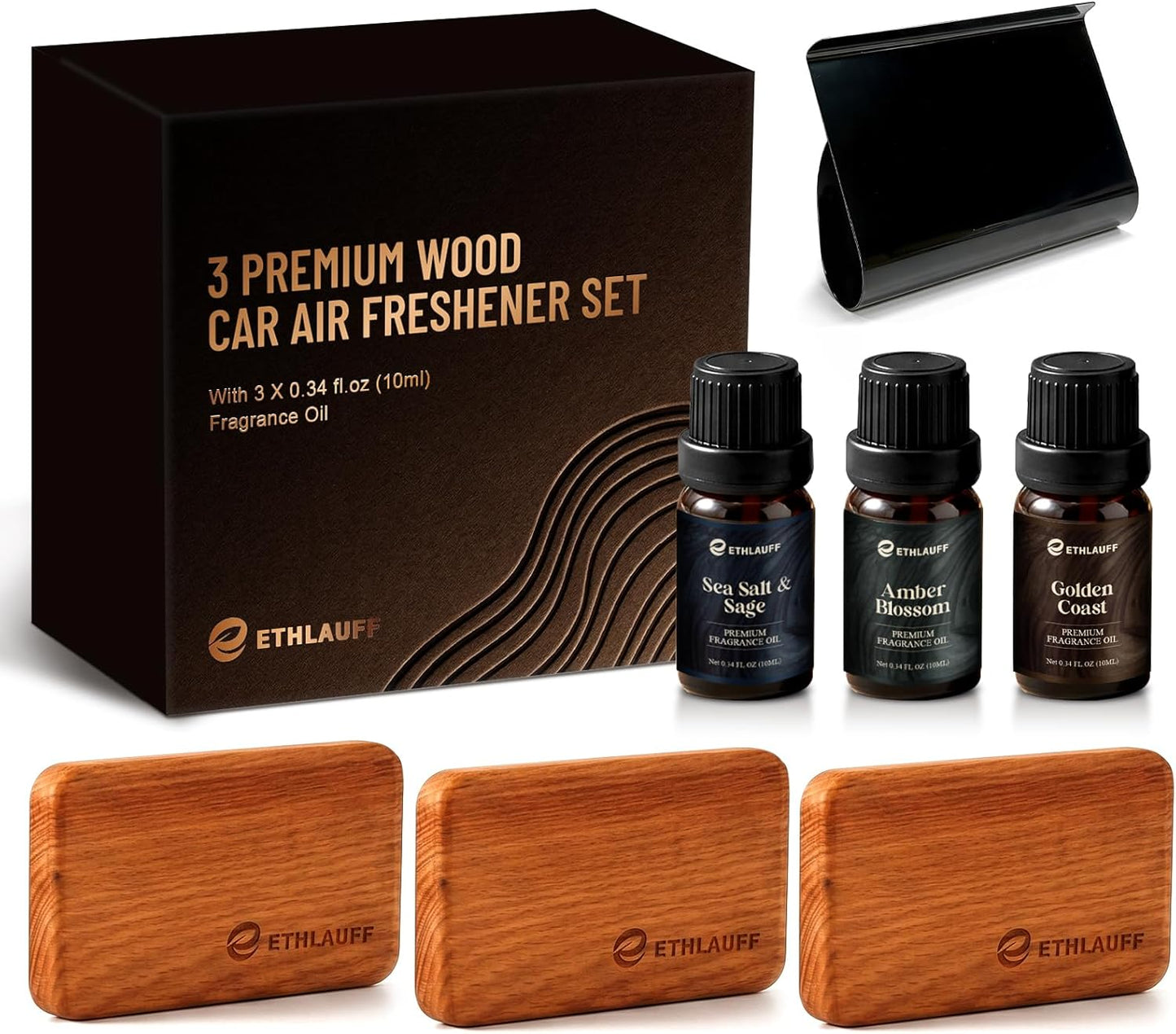 Car Air Freshener - Wood Air Freshener-Amber Blossom, Golden Coast,Sea Salt & Sage, Variety Scent Refill - Long Lasting Natural Car Fresheners - 1 Metal Clip & 3 Refill Oil Included