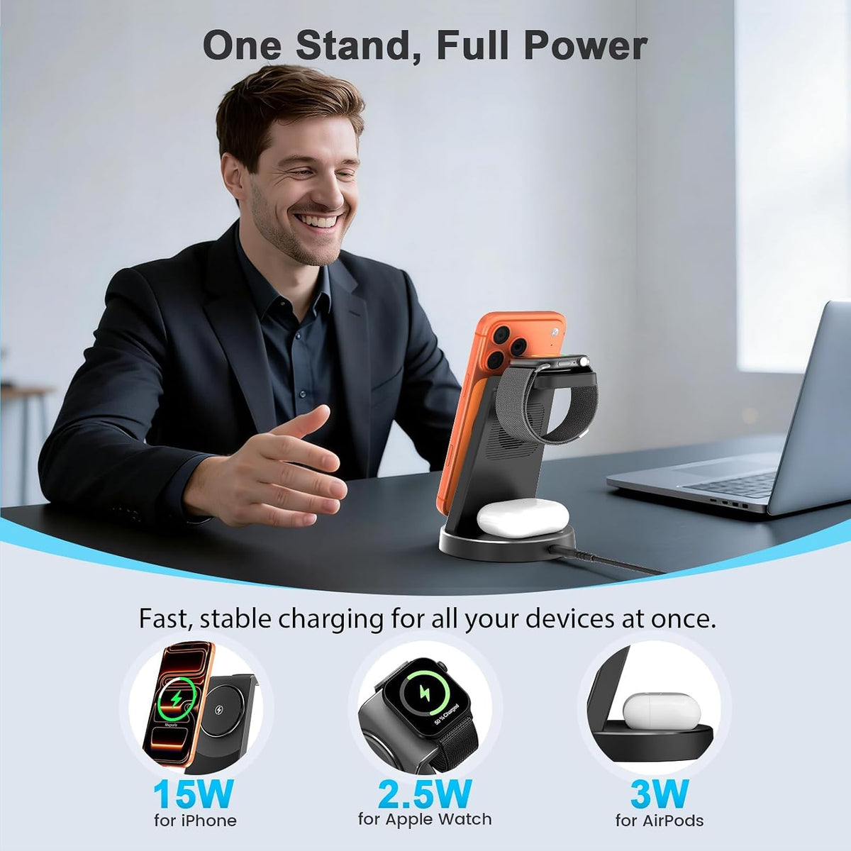 Magnetic Charger 15W Magnetic 3-in-1 Wireless Charging Station for Apple