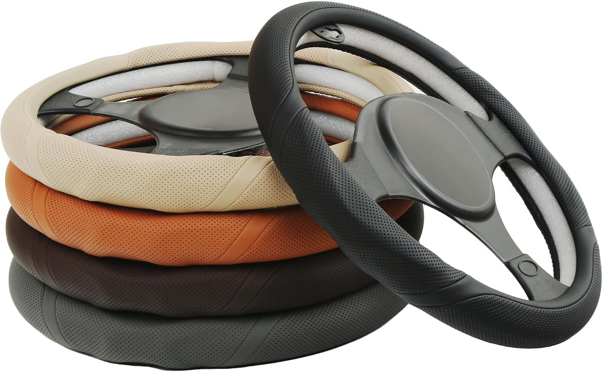 ALEMODR Brown Leather Steering Wheel Cover Universal 15 inch