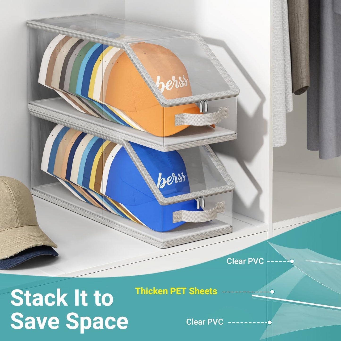 AOODA 2PCS Stackable Hat Storage for Baseball Caps, Clear Hat Organizer for Closet Holds up to 24 Caps, Men‘s Hat Box Display with Cardboard (Grey)